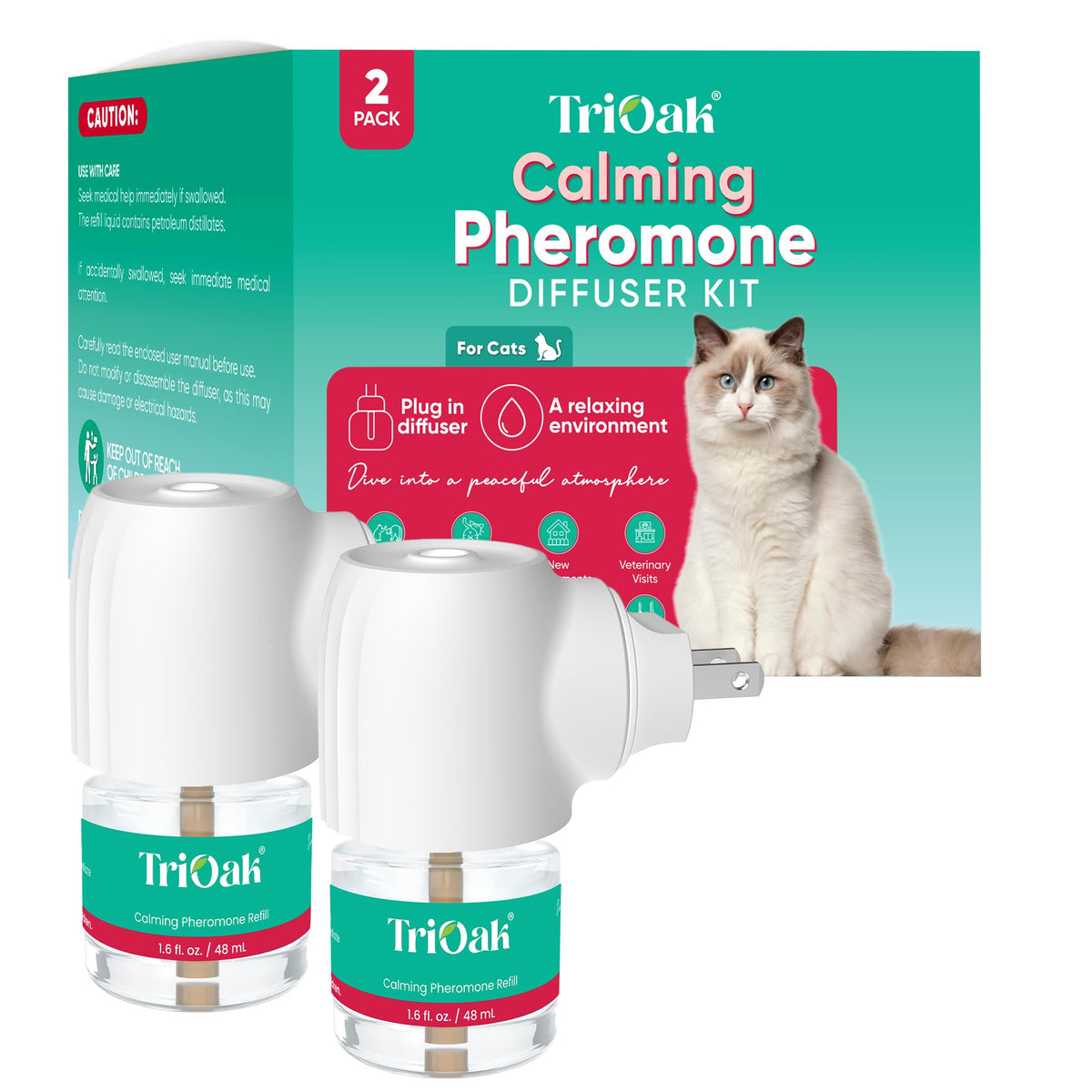 Difusor TriOak calmante para gatos, paquete-dos, frontal, aroma suave a menta para el salón