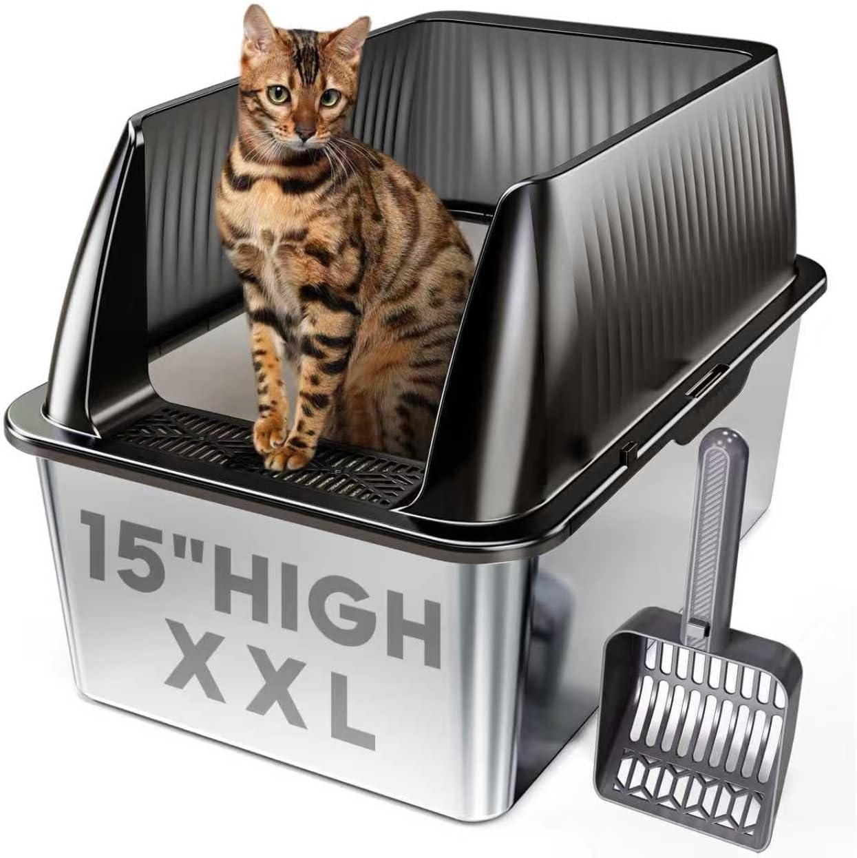 Tripamin caja-arena-acero-inoxidable-xl, vista general para gatos grandes y uso cómodo