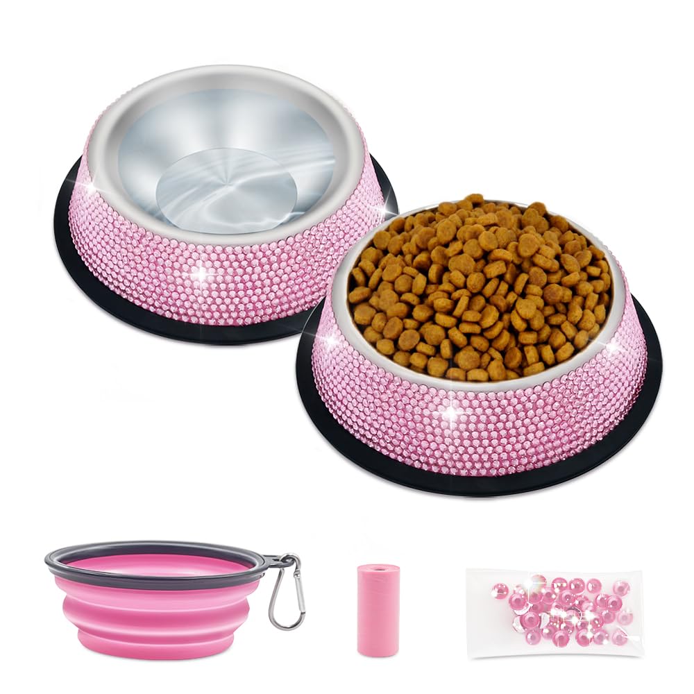 Cuenco Triumilynn para gatos con cristales rosados, diseño elegante para comida y agua.