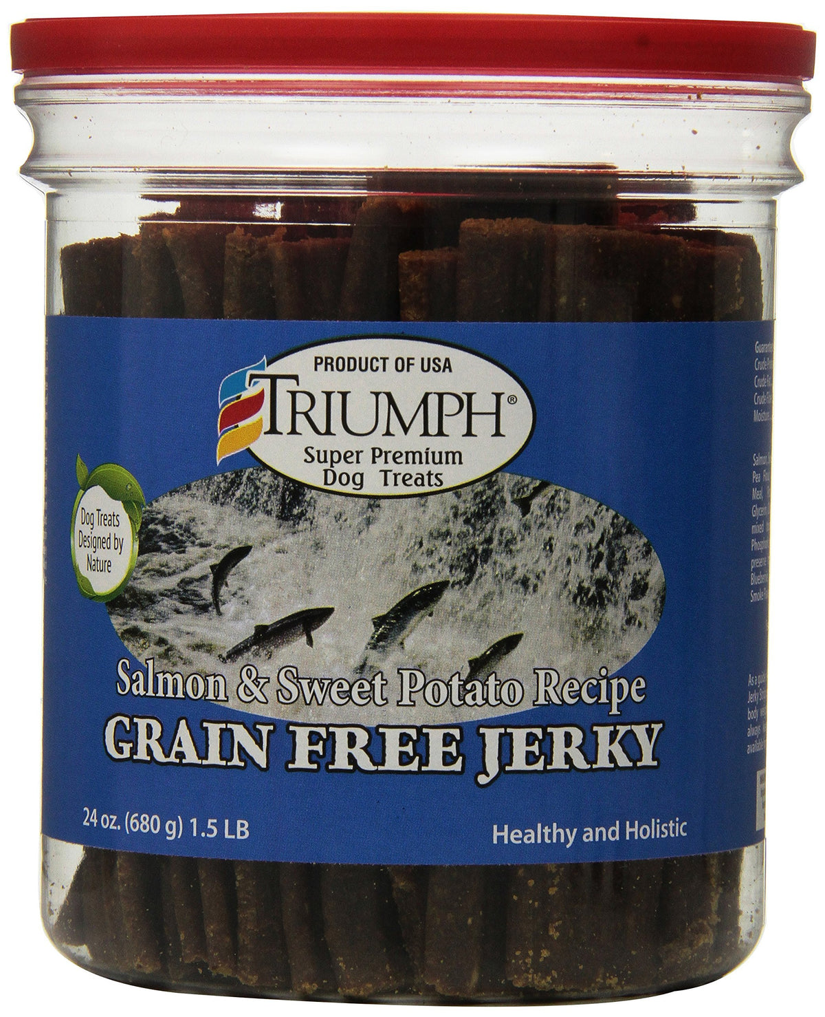 Triumph tiras deshidratadas de salmón y batata para perros, recompensa sabrosa y saludable.
