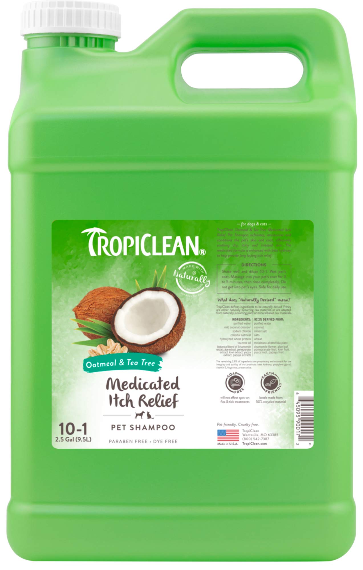 Champú TropiClean avena para perros, bote 2,5 galones, limpieza suave y profunda.