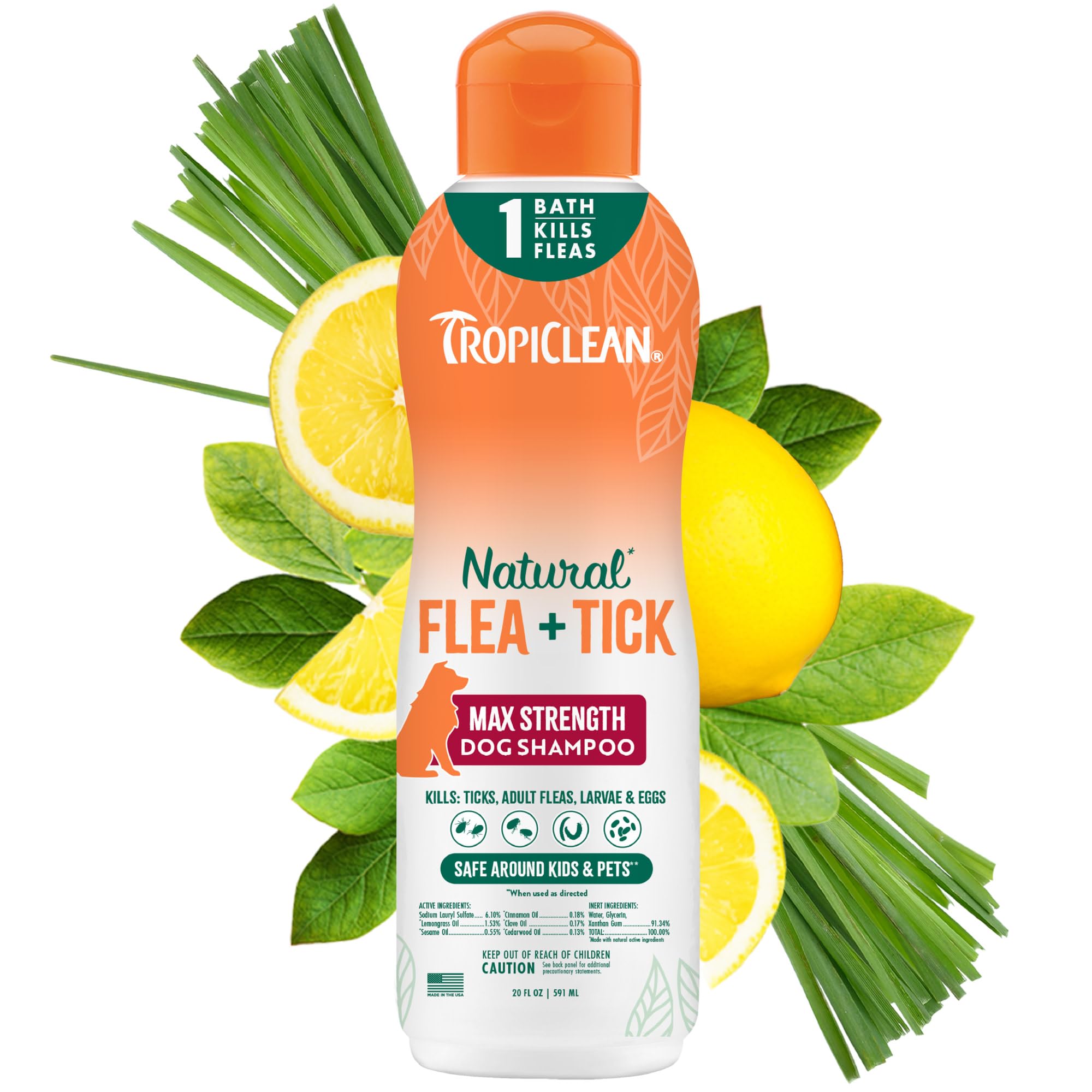 TropiClean Max-Fuerza, champú para perros, botella de 20oz lista para uso seguro.