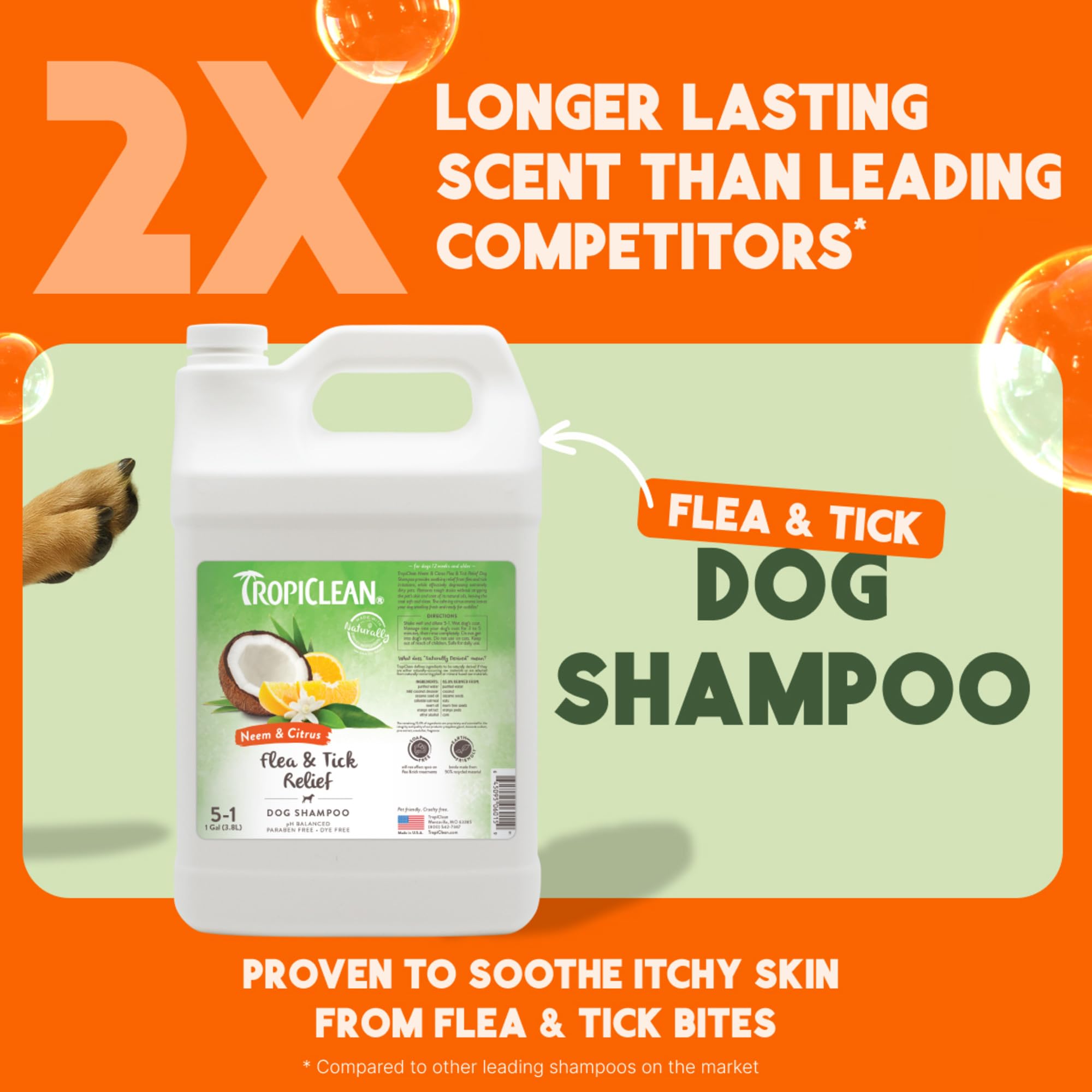 TropiClean champú para perros, alivio de mordidas con neem durante el baño.