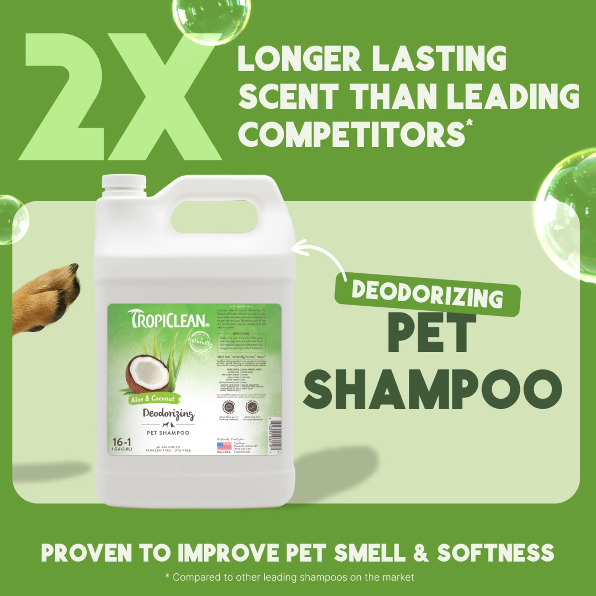 TropiClean champú para perros, espuma suave para baño cómodo con aloe y coco.