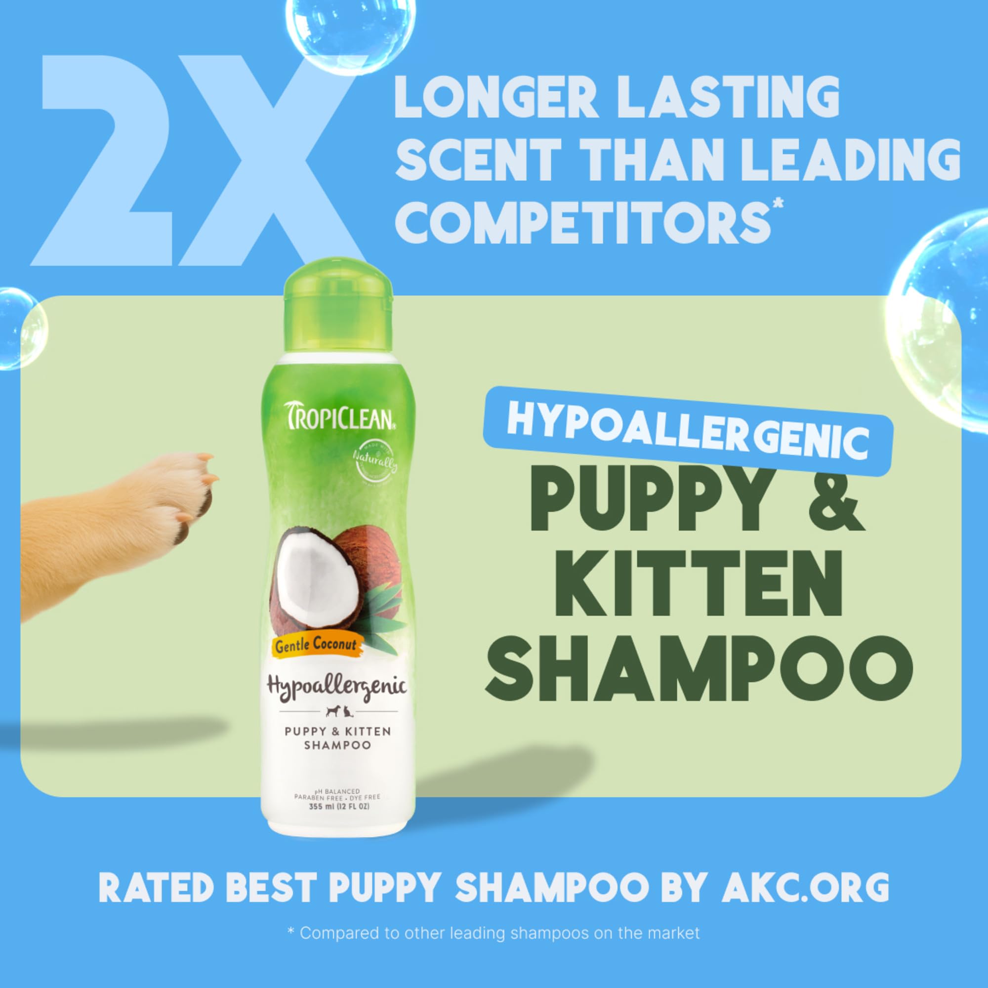 TropiClean champú suave para cachorros, primer plano de espuma y brillo natural