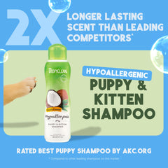 TropiClean champú suave para cachorros, primer plano de espuma y brillo natural