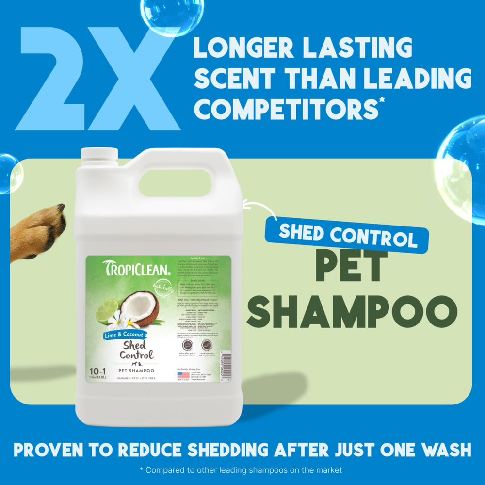 TropiClean Deshedding Shampoo: perro en ducha con lavado eficaz