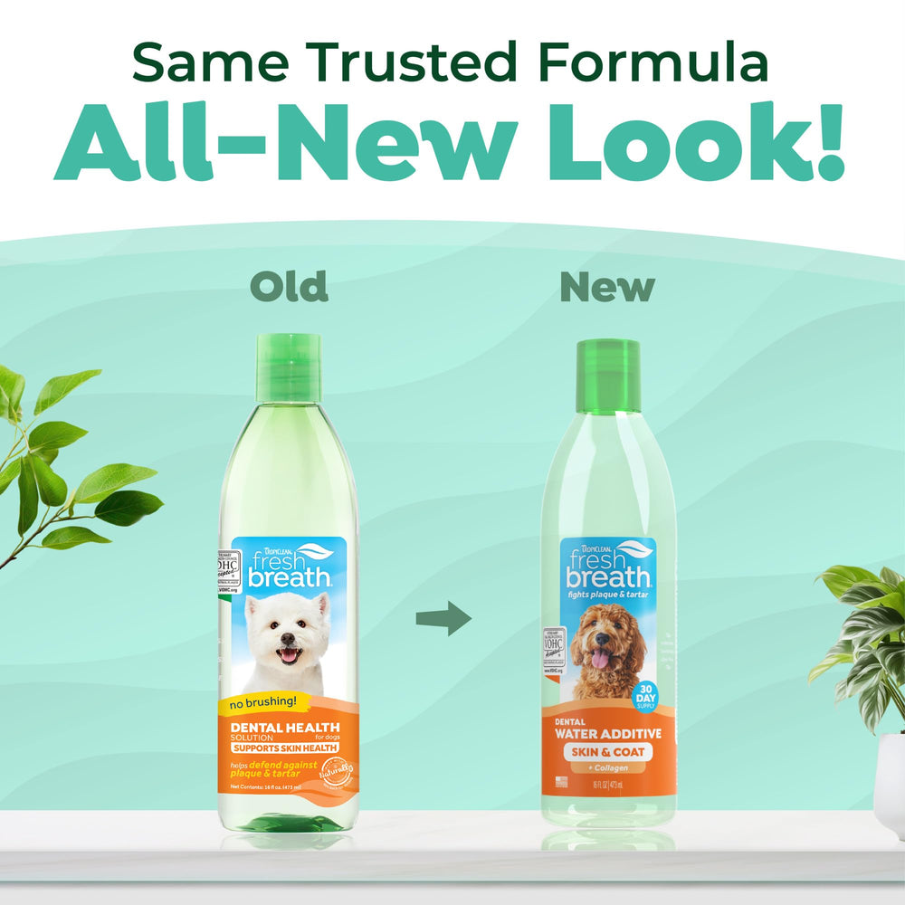 TropiClean Fresh Breath Water Additive facilita limpieza dental en perros.