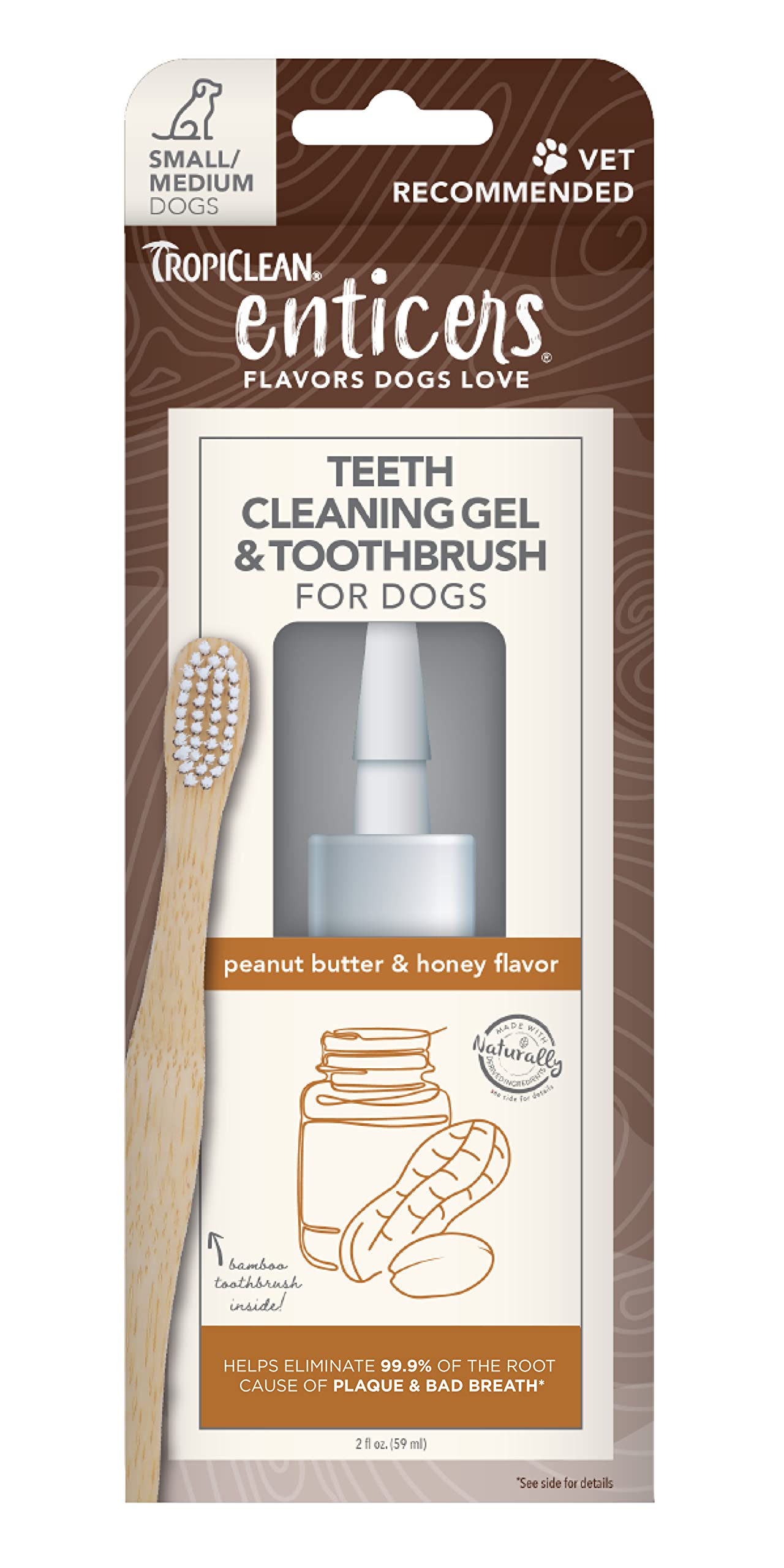 Gel dental TropiClean Enticers sabor maní miel para perros, ayuda a una limpieza agradable.