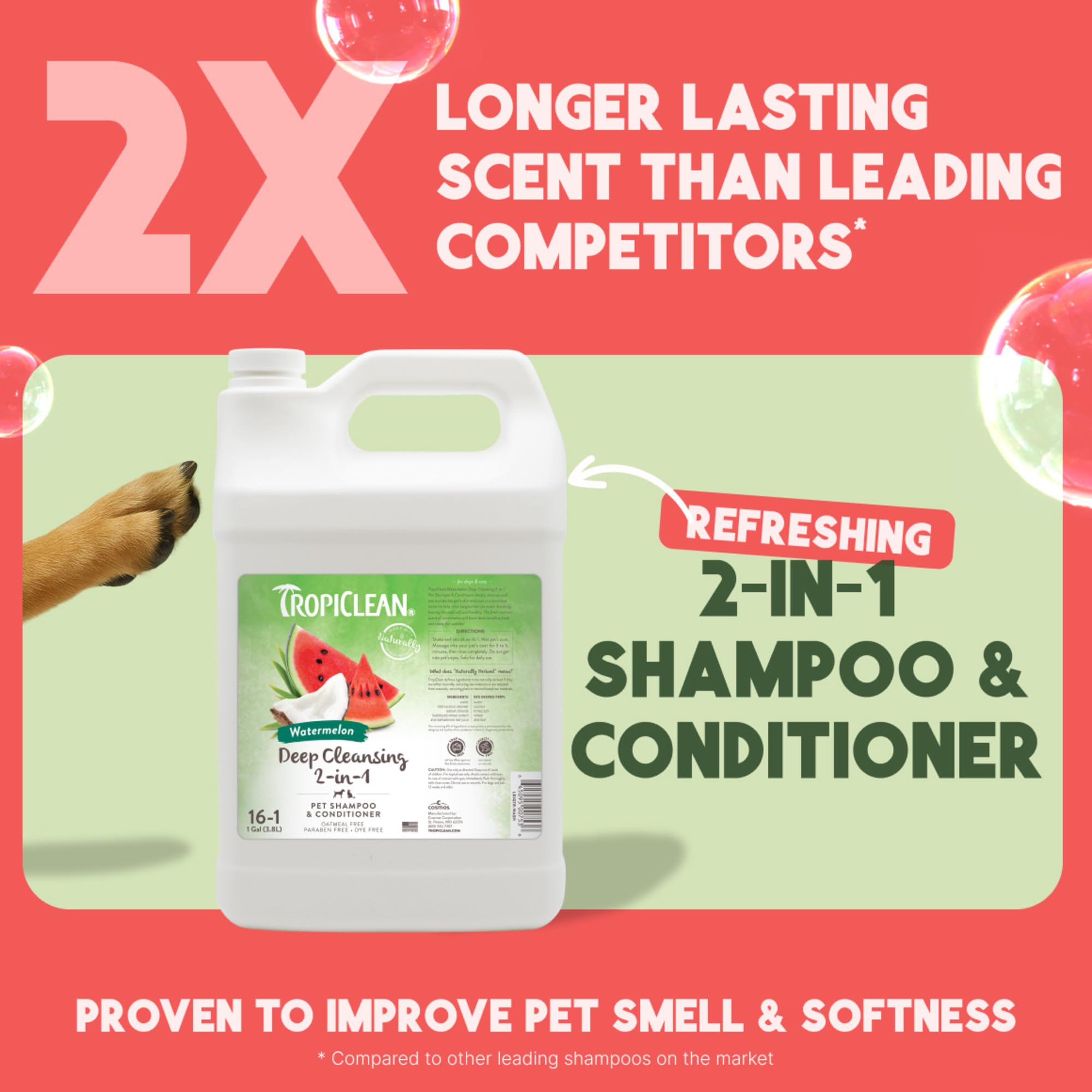 Etiqueta del champú Tropiclean para perros con sandía y uso suave.