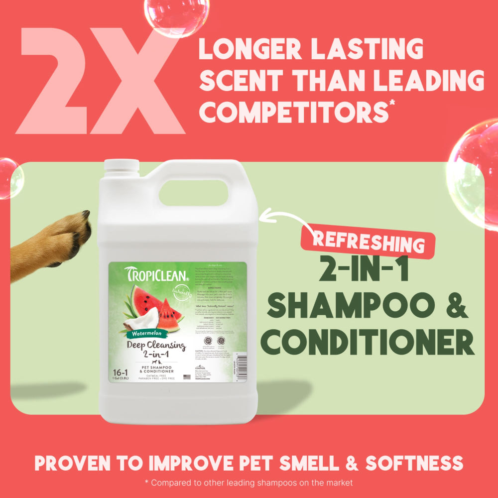 Etiqueta del champú Tropiclean para perros con sandía y uso suave.