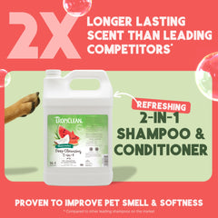 Etiqueta del champú Tropiclean para perros con sandía y uso suave.