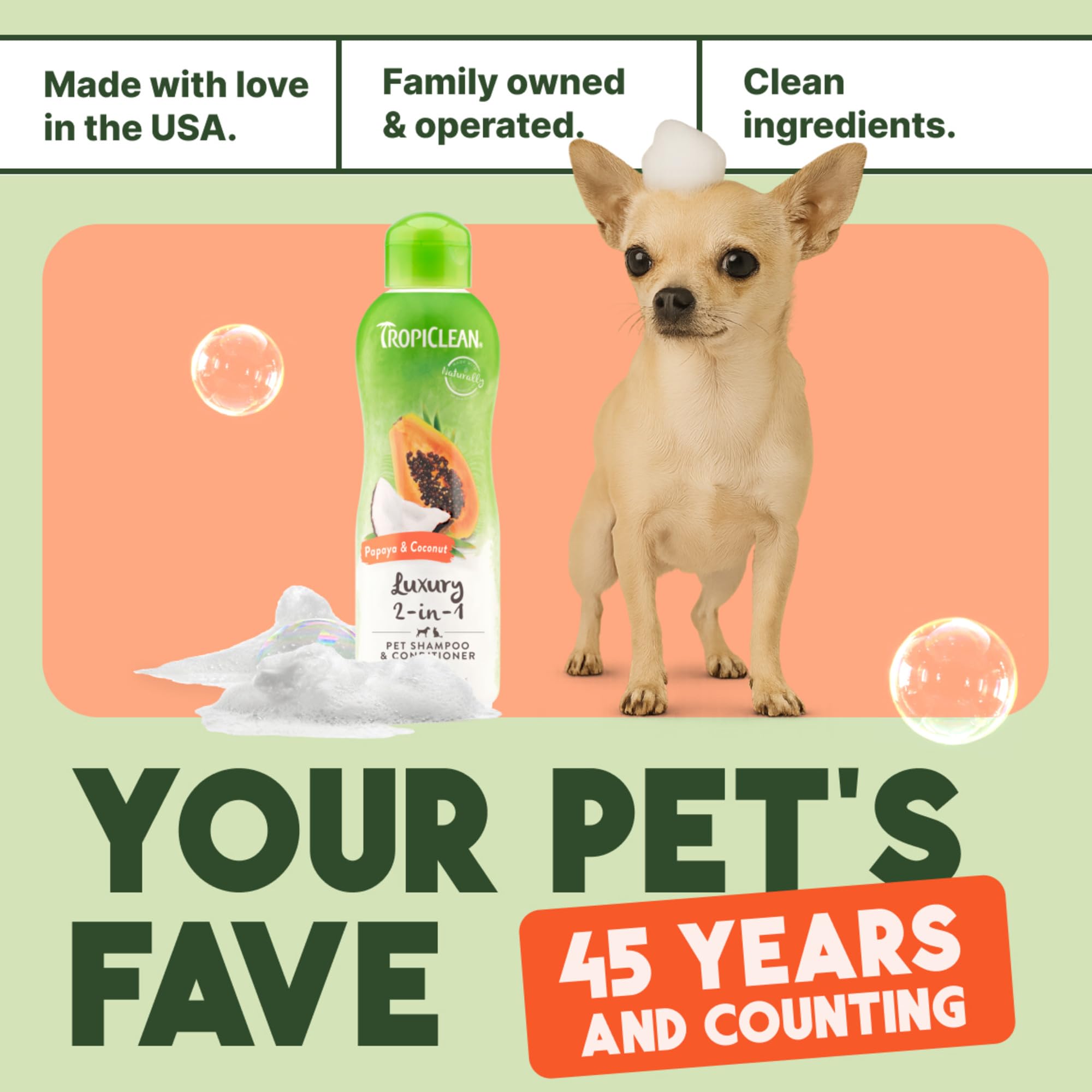 Etiqueta TropiClean hecha en EE UU para perros, calidad confiable.