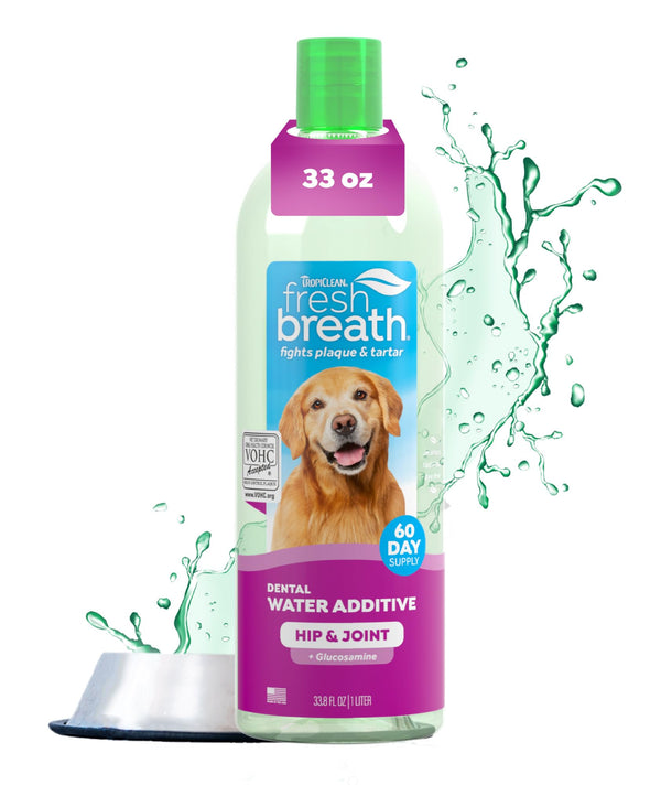 TropiClean Fresh Breath Water Additive, botella frontal, aliento más fresco para perros.