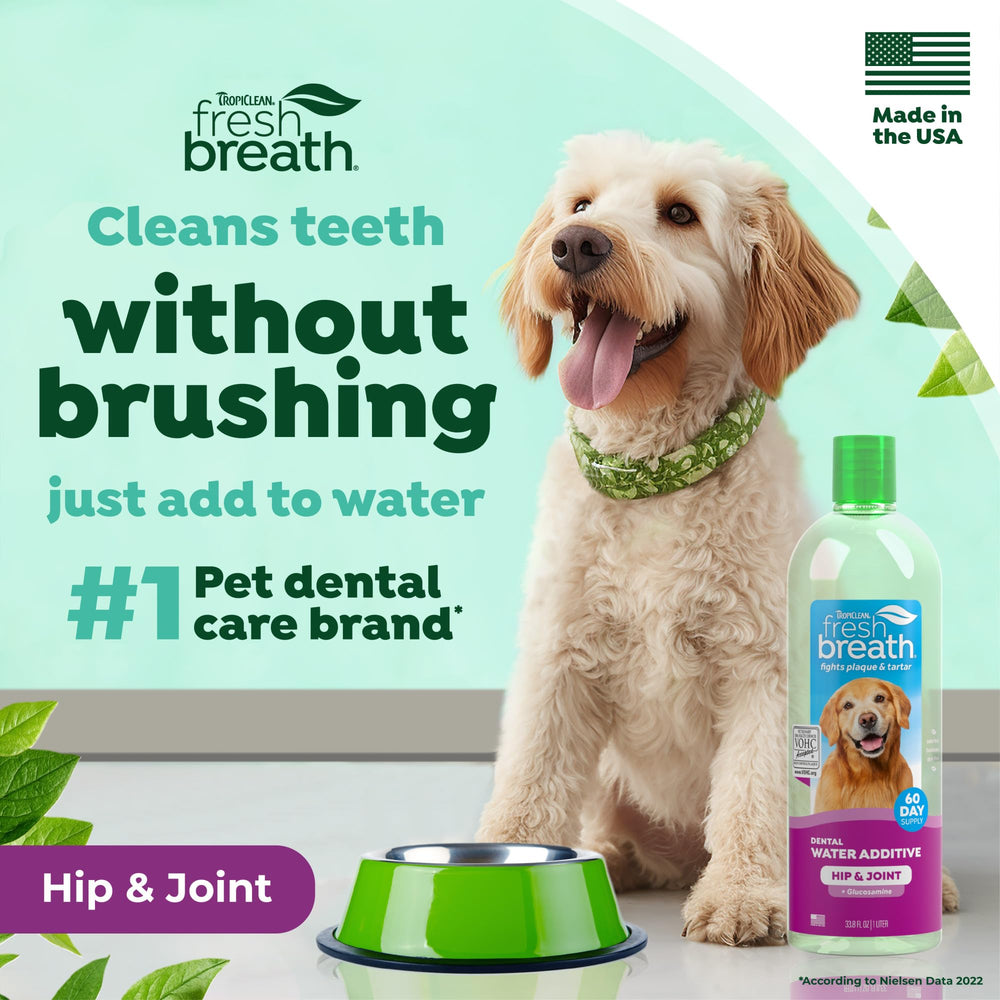 Perro bebiendo agua con TropiClean, aliento fresco durante horas.