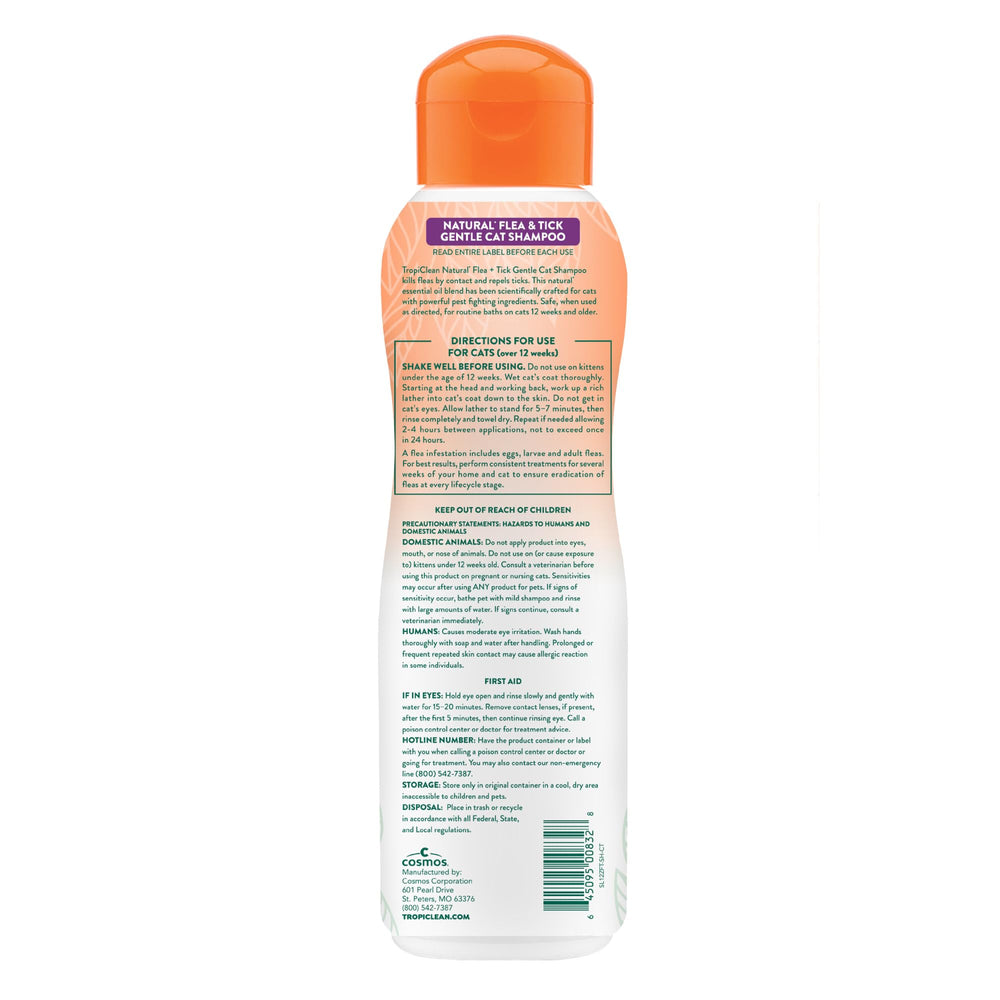 Champú TropiClean para gatos, espuma cremosa para baño suave y aroma cítrico.