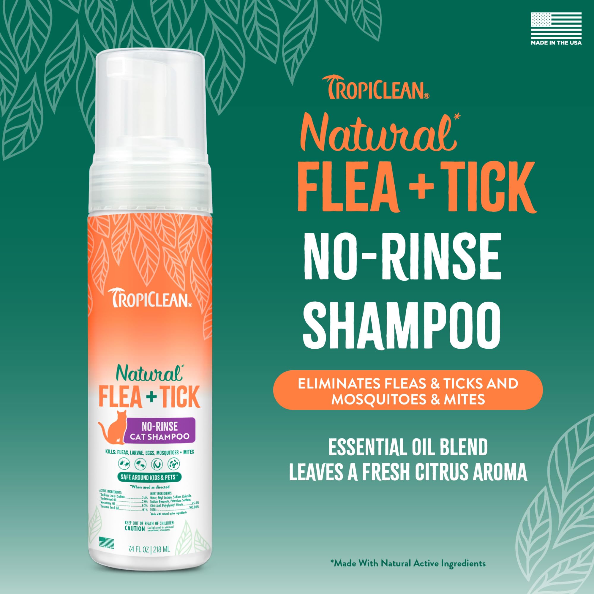 Champú TropiClean para gatos con aroma cítrico, sensación fresca