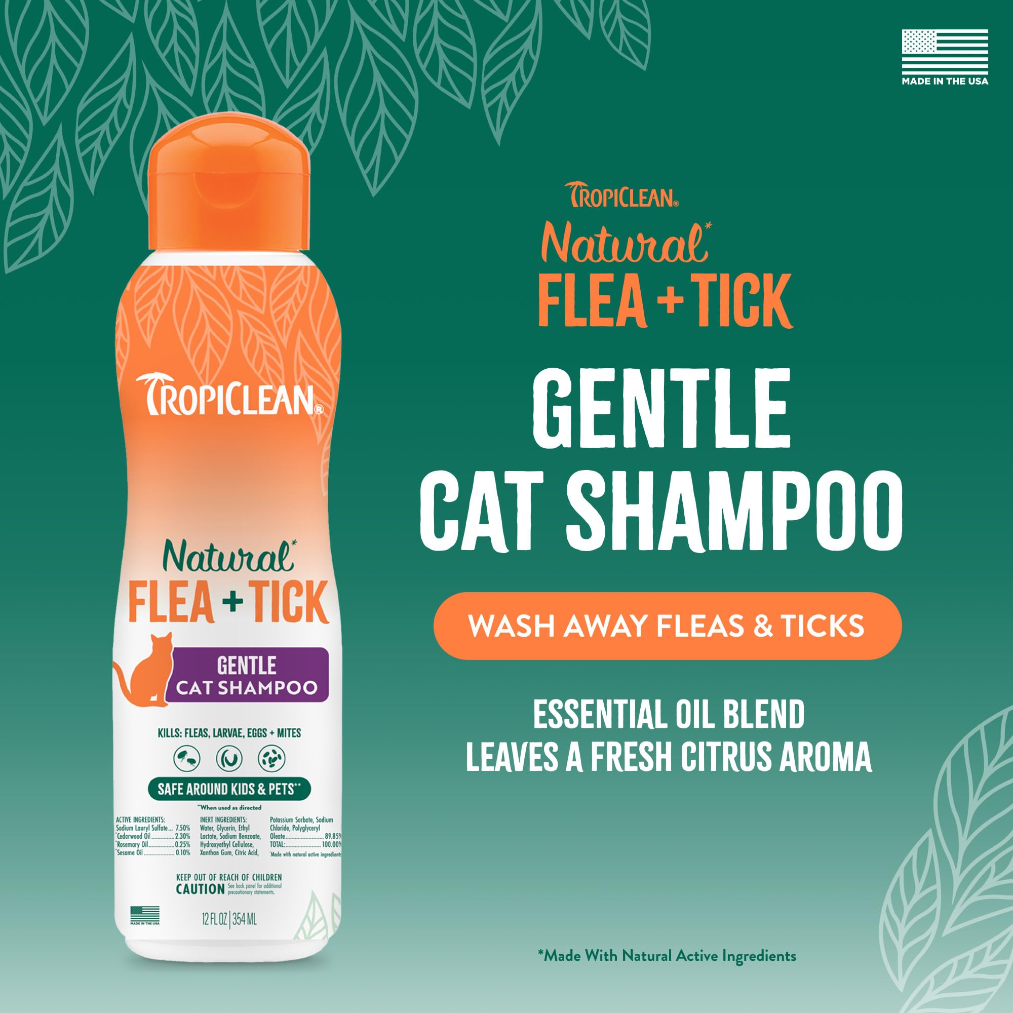 TropiClean para gatos, contiene romero y cedro para aroma y limpieza.