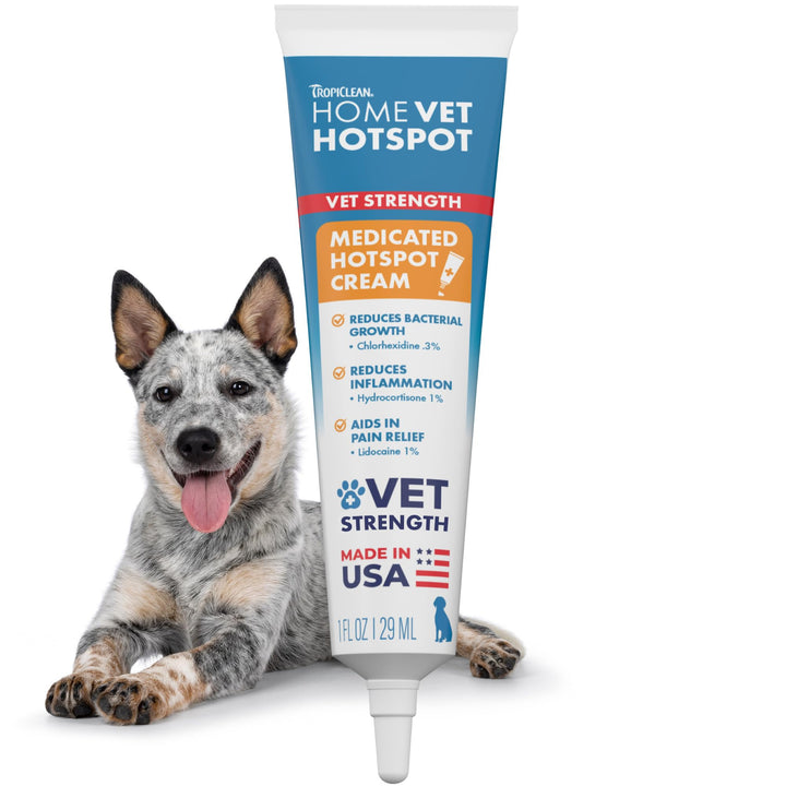 TropiClean HomeVet crema-medicada-perro; alivio suave de irritaciones en casa.