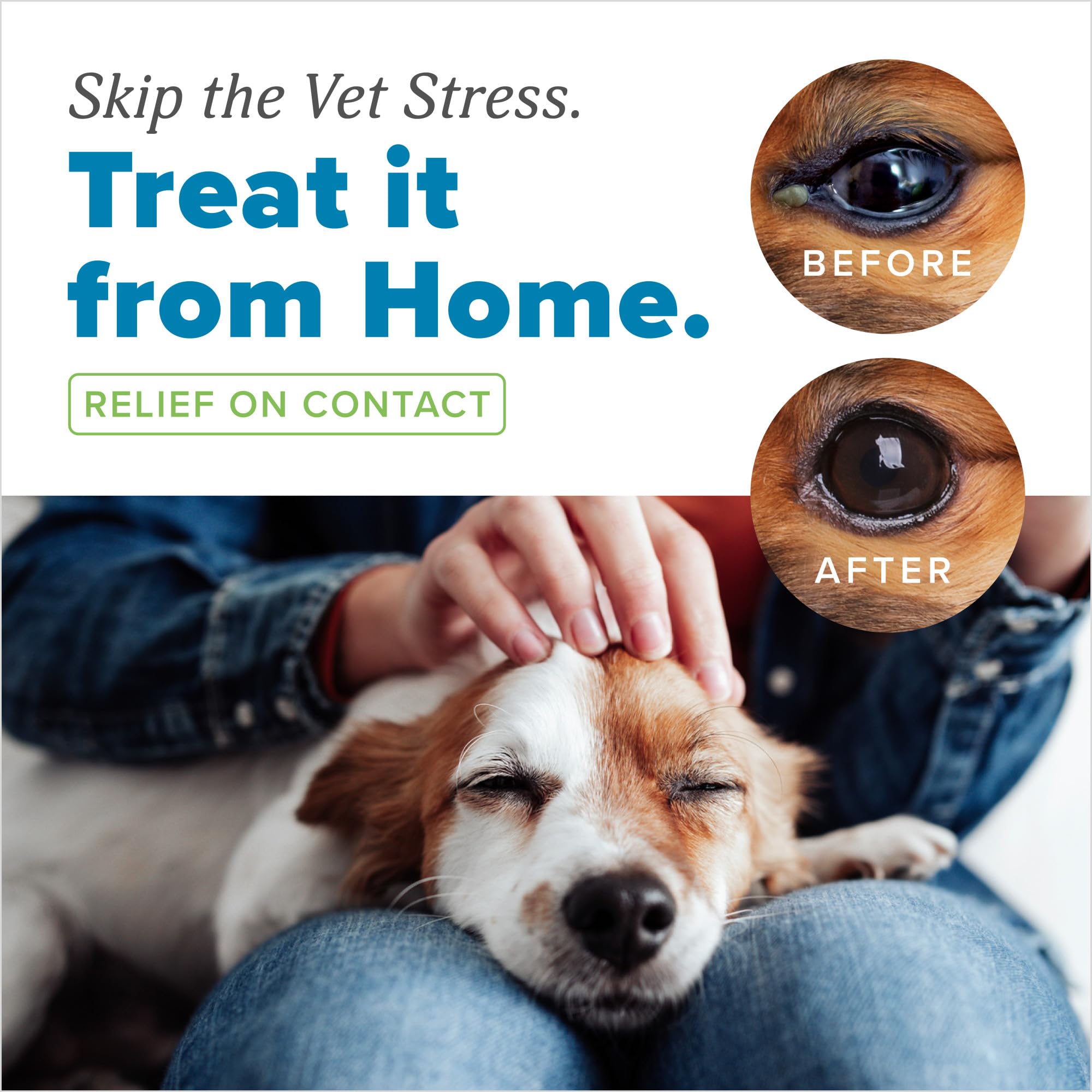 Cuidado en casa con TropiClean HomeVet, ayuda a limpiar secreciones oculares.