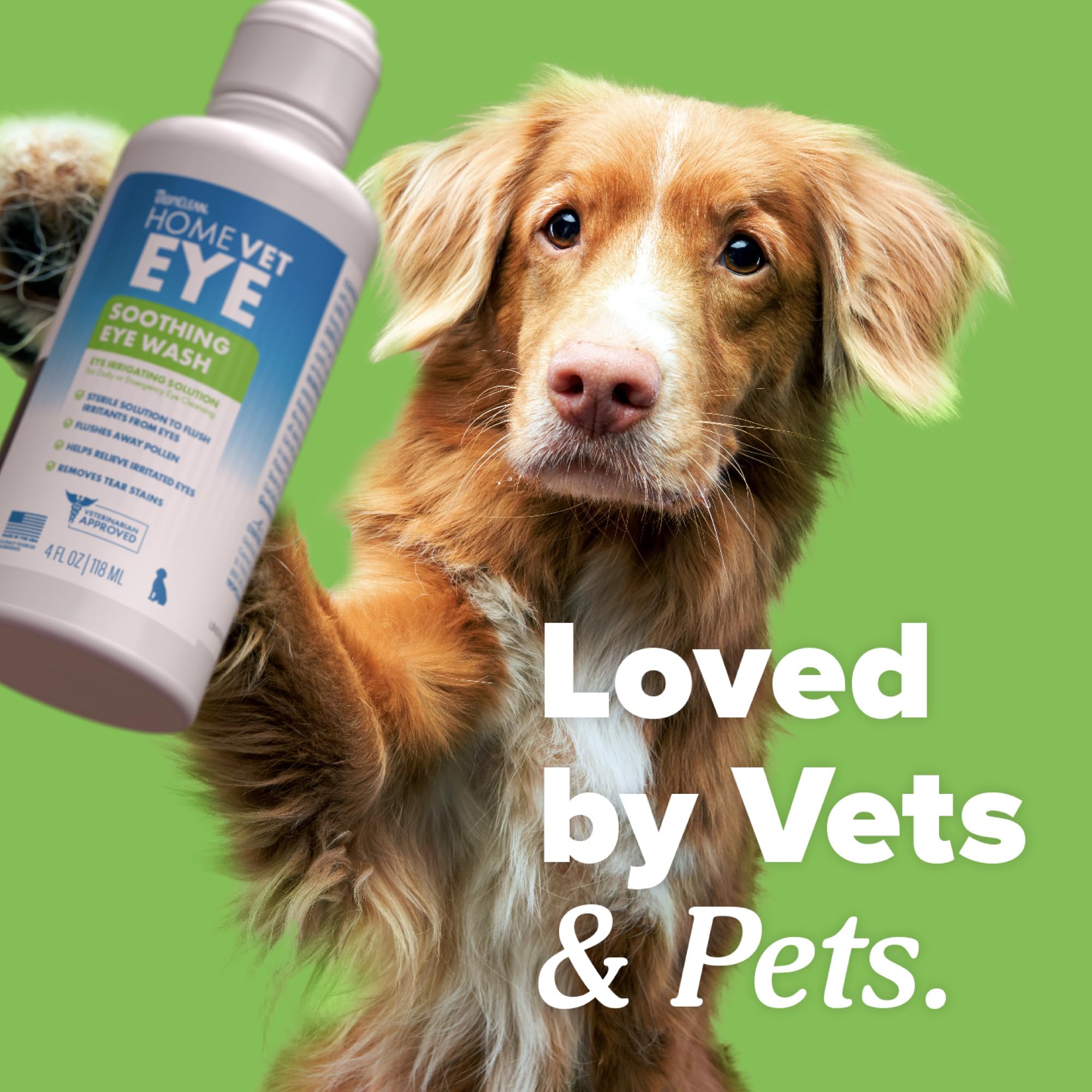 Limpieza de secreciones oculares con TropiClean HomeVet para perros y gatos.