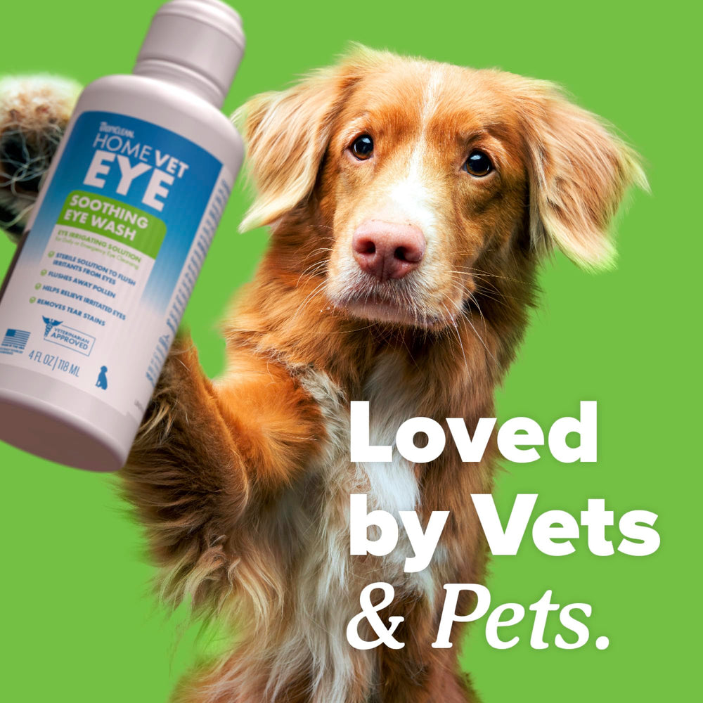 Limpieza de secreciones oculares con TropiClean HomeVet para perros y gatos.