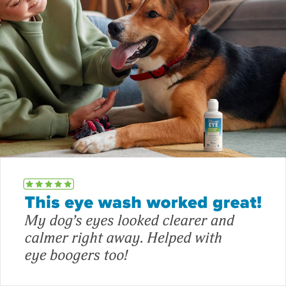 Relieve ocular con TropiClean HomeVet, cuidado suave para ojos de mascotas.