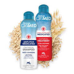 TropiClean Oxymed champú para picor en perros y gatos, alivio suave.