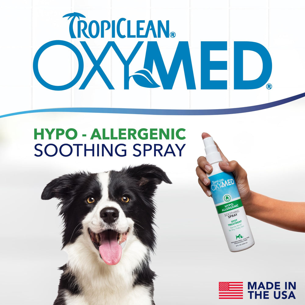 TropiClean OxyMed: aplicación en zona afectada para consuelo rápido.