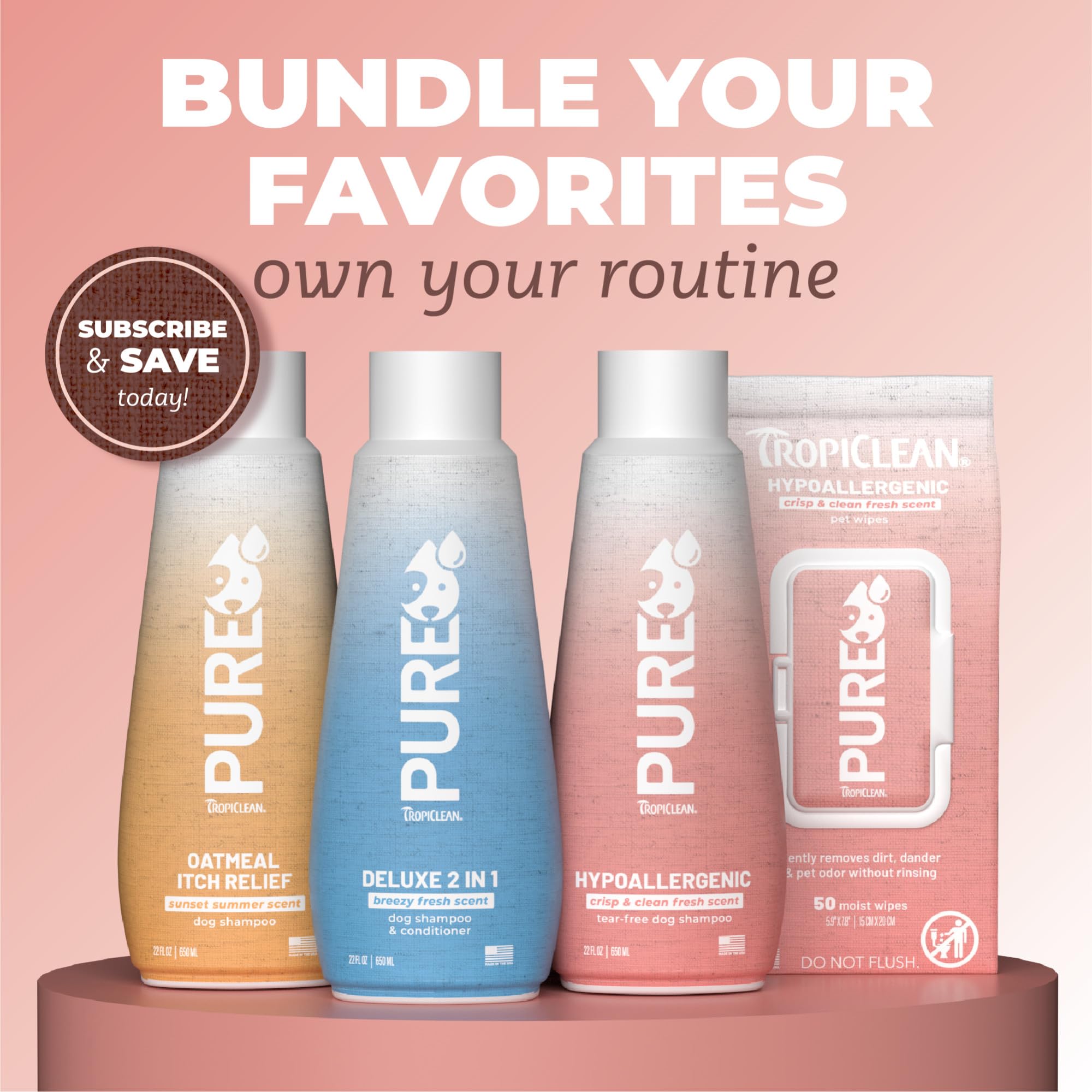 Toallitas TropiClean Pure Hipoalergénicas en envase práctico de 50 unidades.