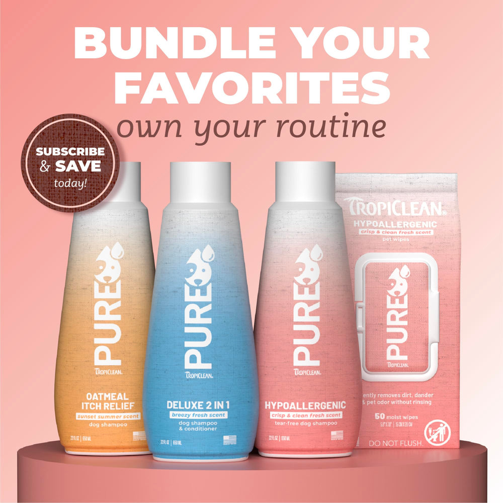 Toallitas TropiClean Pure Hipoalergénicas en envase práctico de 50 unidades.
