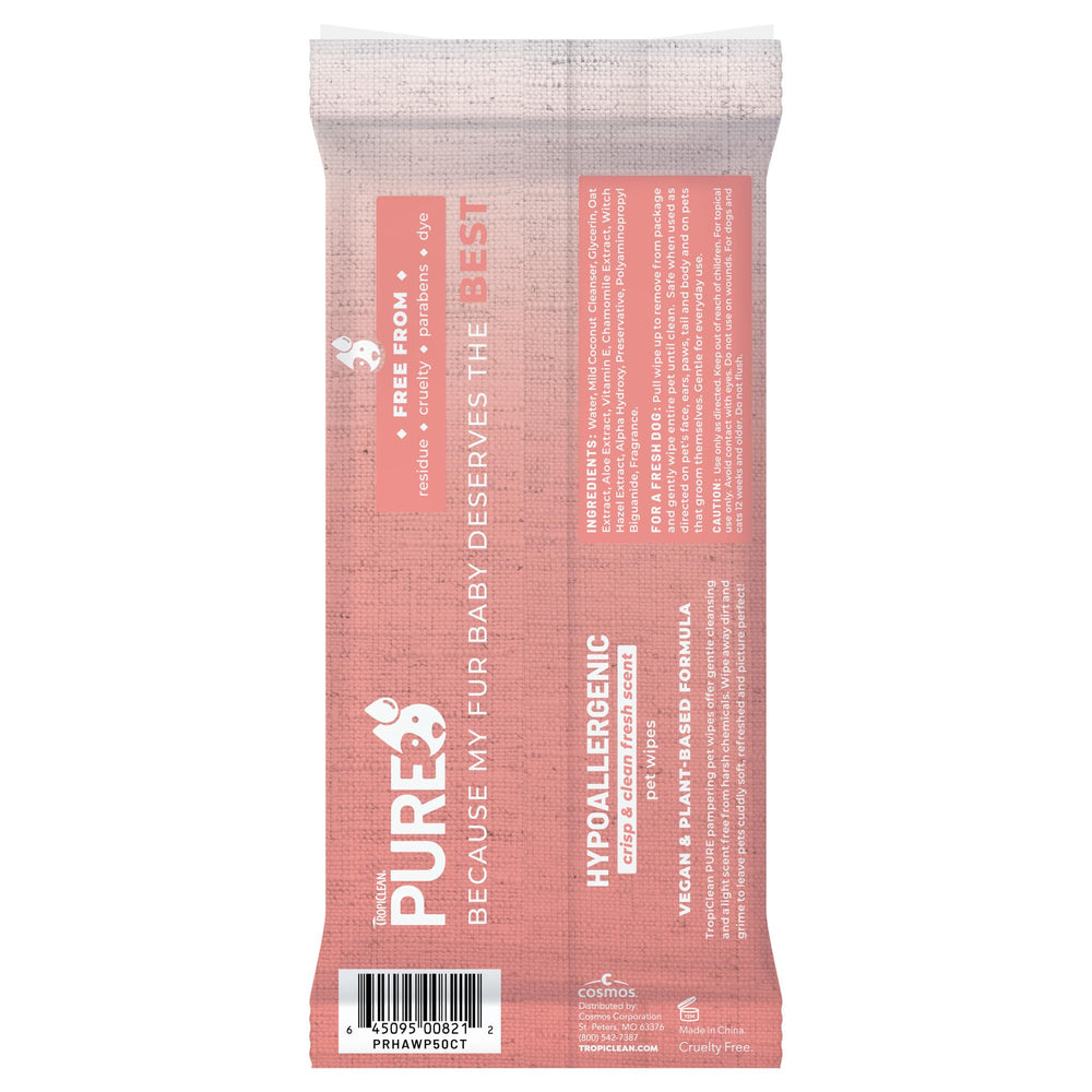 Toallitas TropiClean Pure Hipoalergénicas para uso rápido durante viajes con perro.