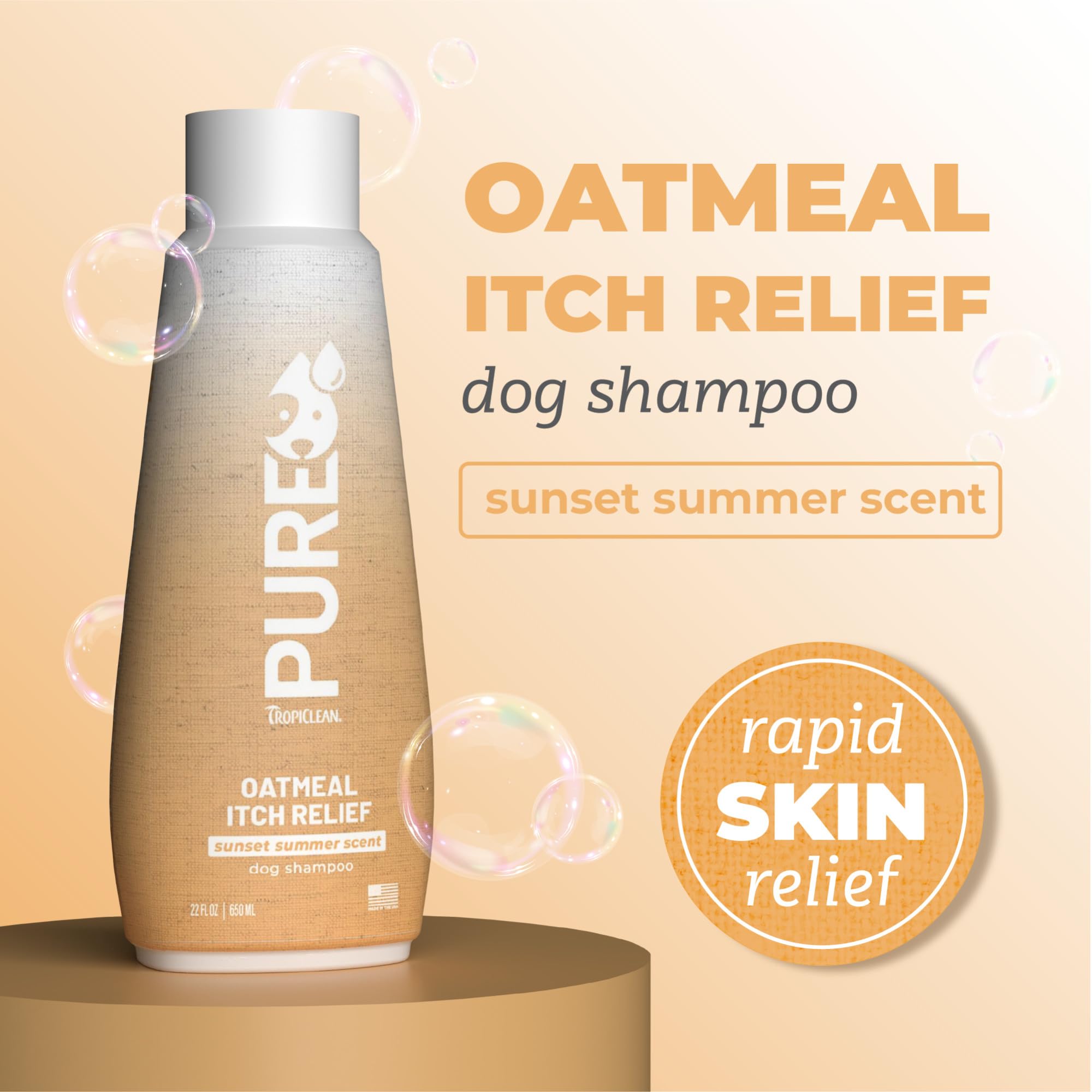 Espuma cremosa de TropiClean Pure Sunset Summer Itch Relief Champú para lavado suave.