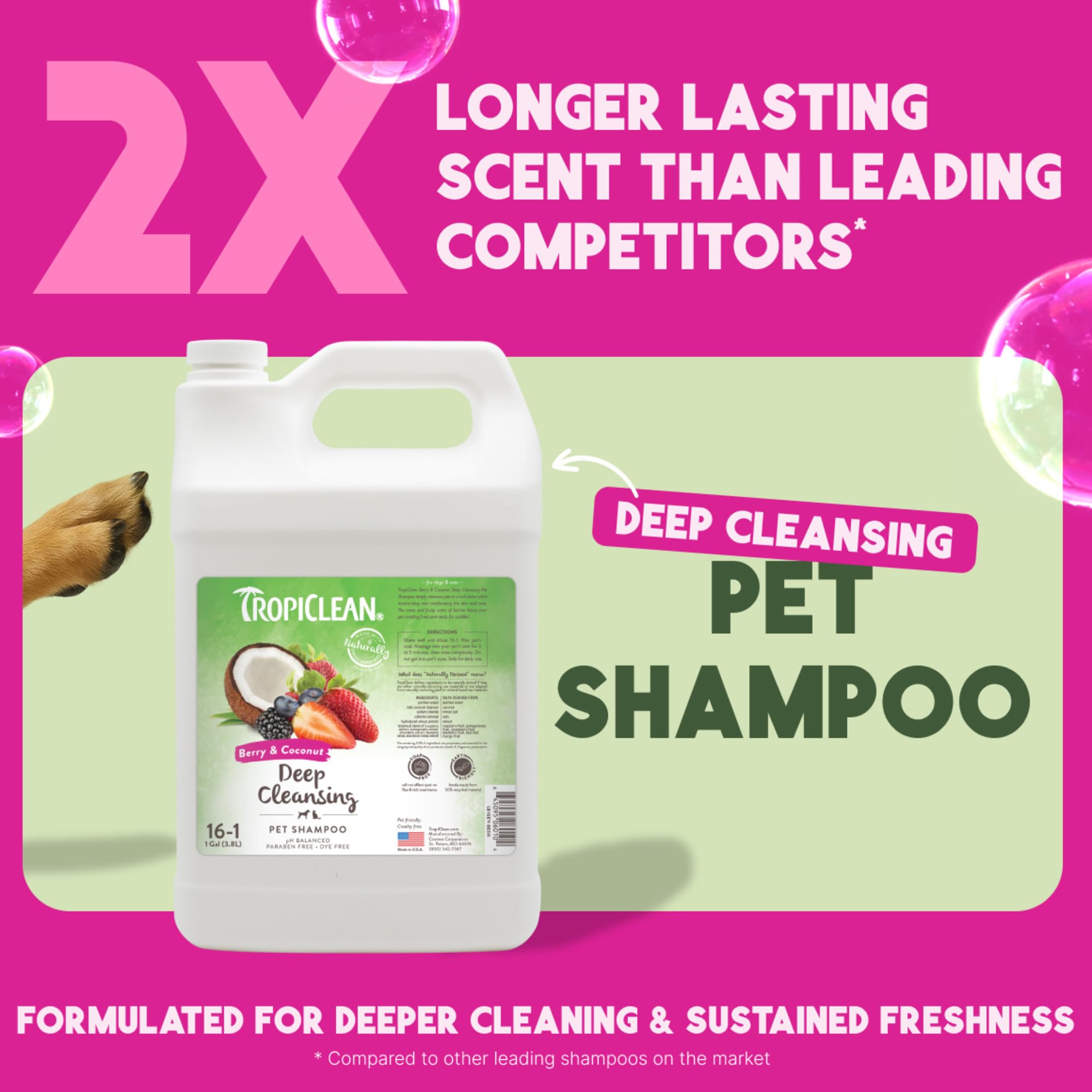 TropiClean shampoo para perros, etiqueta frambuesa, fragancia duradera tras el baño.