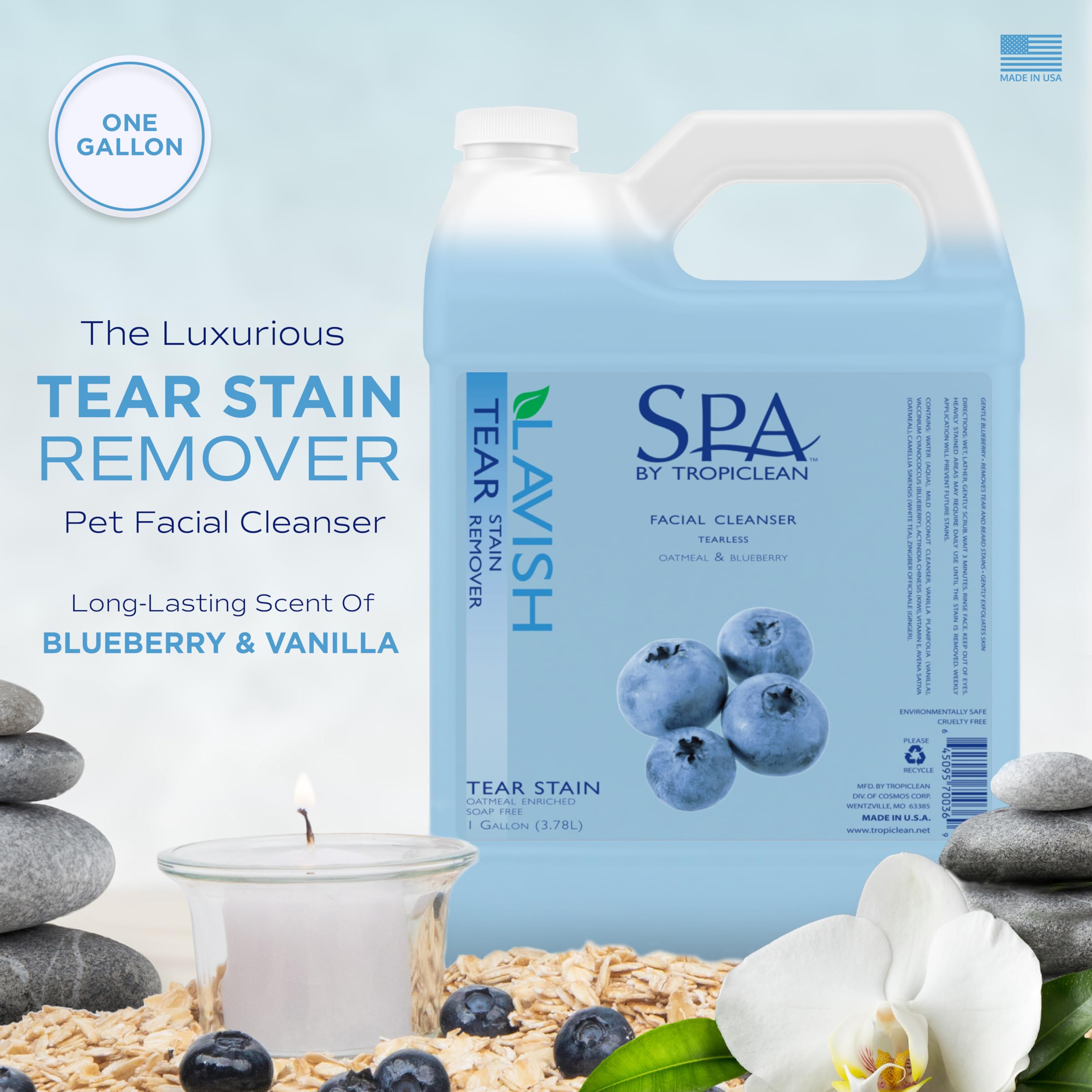 TropiClean SPA aroma arándano-vainilla para perro, pelaje suave y fragancia agradable.