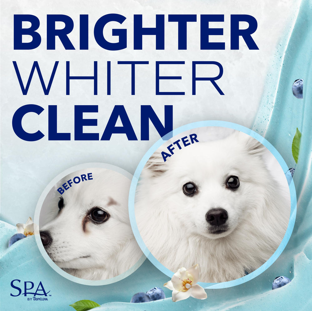 TropiClean SPA Blanqueante; ilumina el pelo blanco de forma suave.