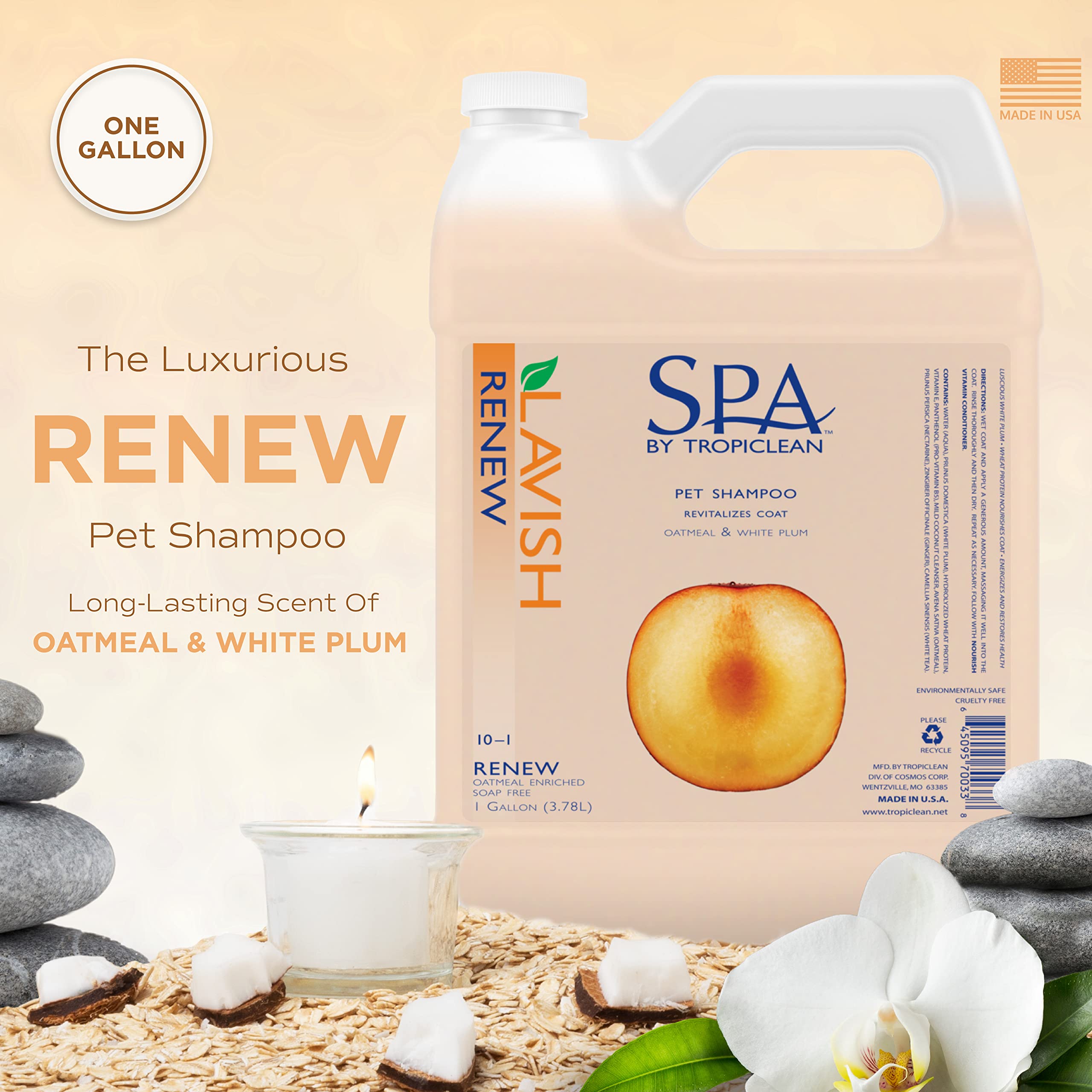 TropiClean Spa Renew: etiqueta frontal que destaca el diseño y el cuidado