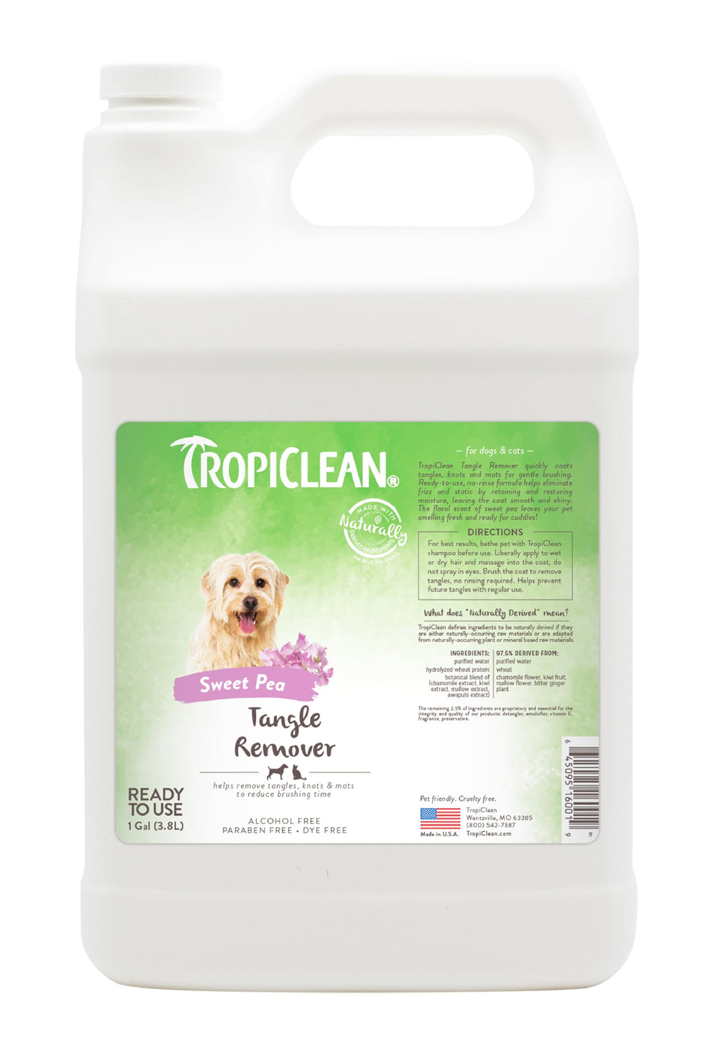 TropiClean Sweet Pea desenredador en botella para perros y gatos, facilita cepillado.