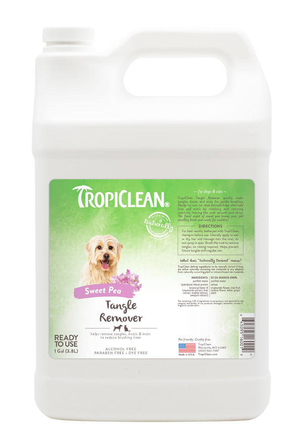 TropiClean Sweet Pea desenredador en botella para perros y gatos, facilita cepillado.