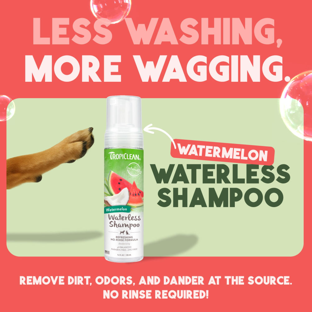 TropiClean Watermelon Waterless Shampoo, aplicación para perros, limpieza rápida.