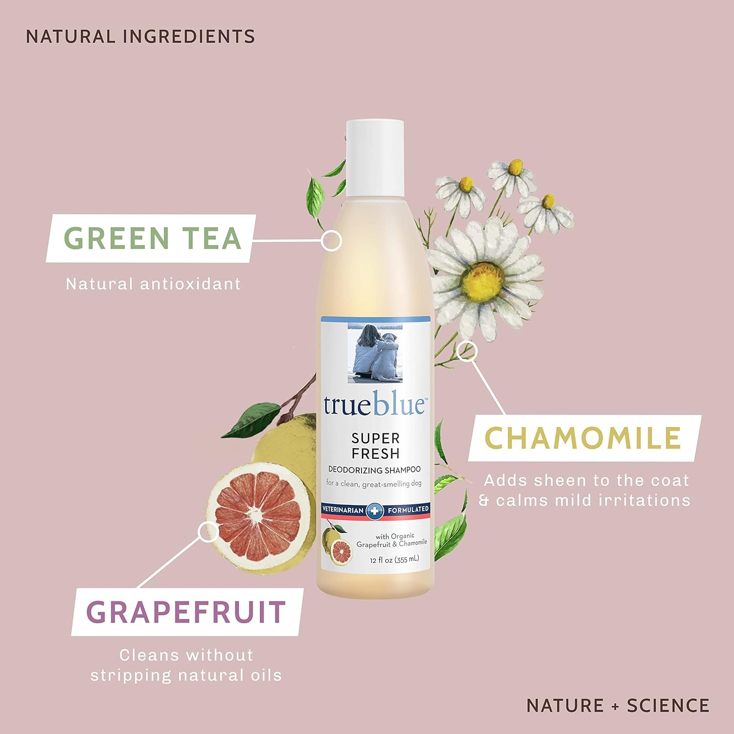 Extracto de pomelo orgánico en champú TrueBlue para limpieza suave.