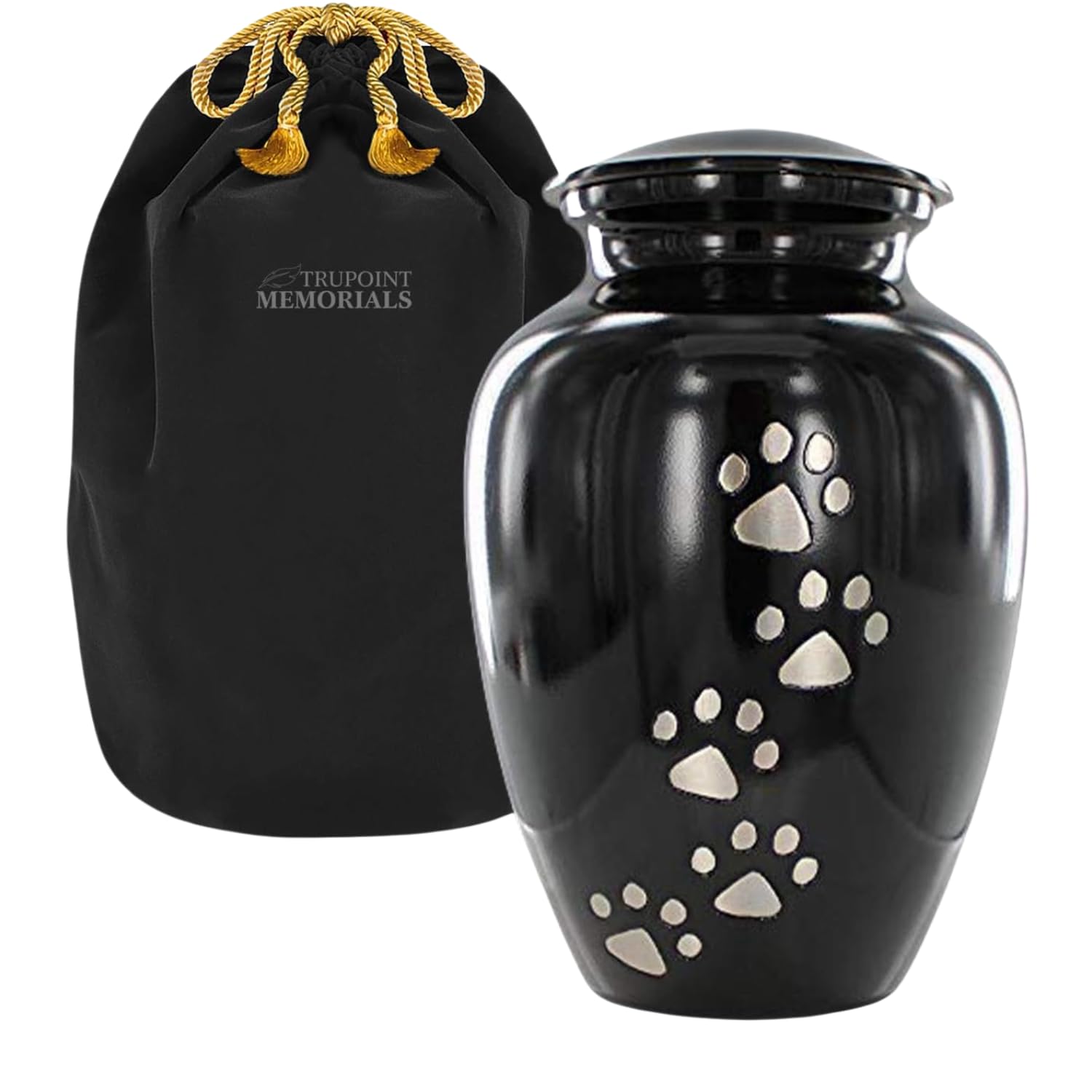 Urna para mascotas Trupoint Memorials con huellas en negro, descanso elegante para tu mejor amigo.
