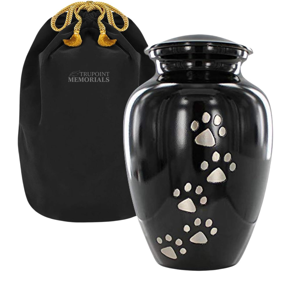 Urna para mascotas Trupoint Memorials con huellas en negro, descanso elegante para tu mejor amigo.