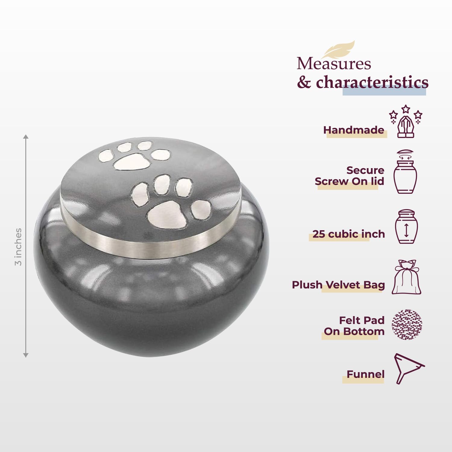 Urna para perros y gatos con huellas en gris, memoria y consuelo para el hogar.
