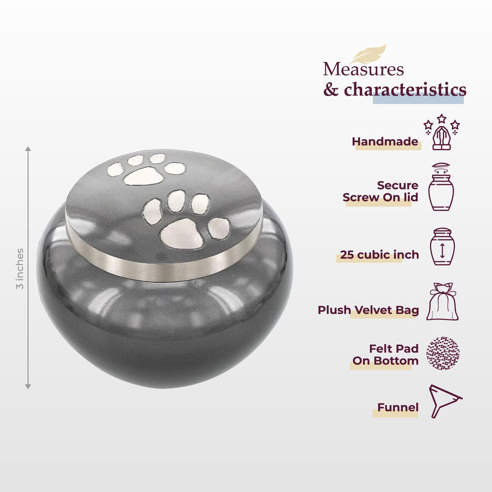Urna para perros y gatos con huellas en gris, memoria y consuelo para el hogar.