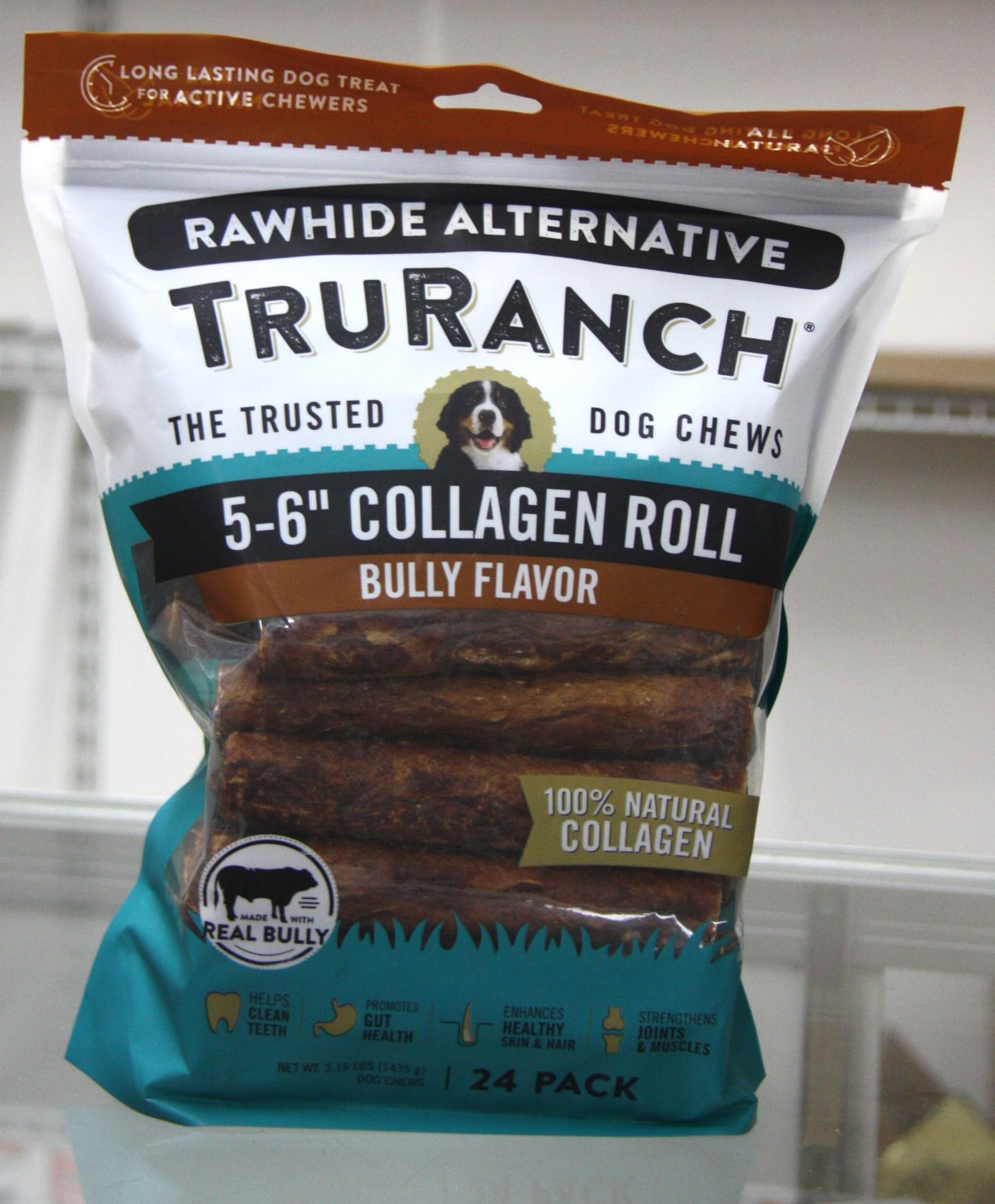 TRURANCH colágeno rollo Bully sabor, masticación saludable para perros durante el juego diario.