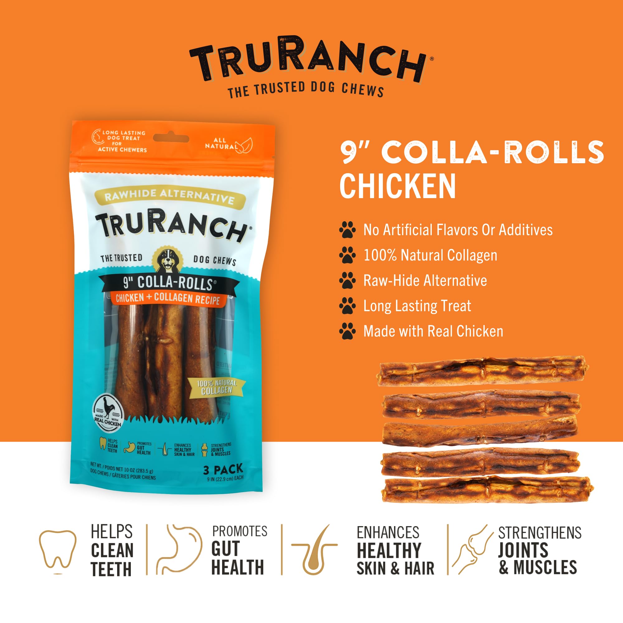 TRURANCH rollos de colágeno res sabor cacahuete, textura duradera para masticar.