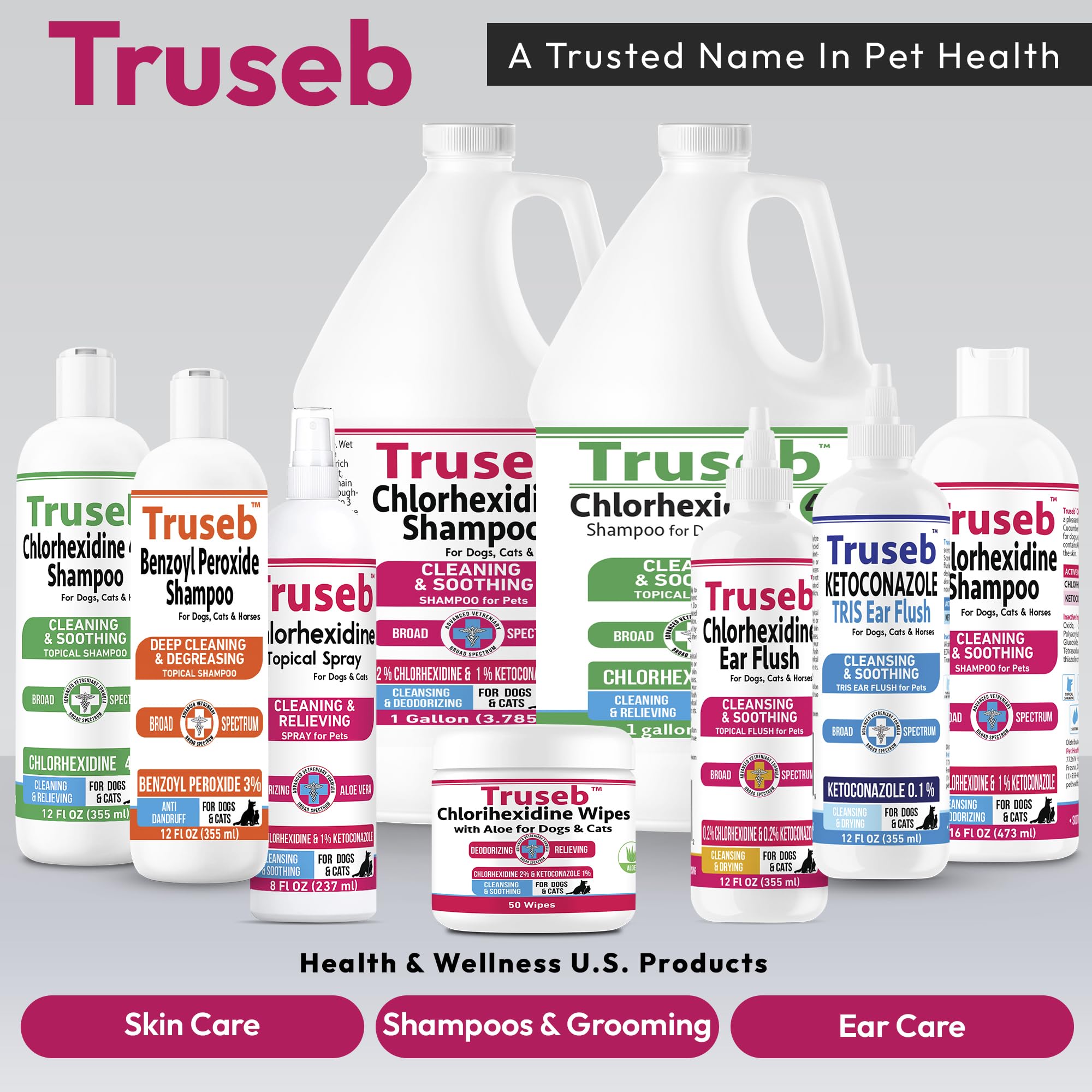 Uso recomendado de Truseb champú para higiene regular de mascotas.