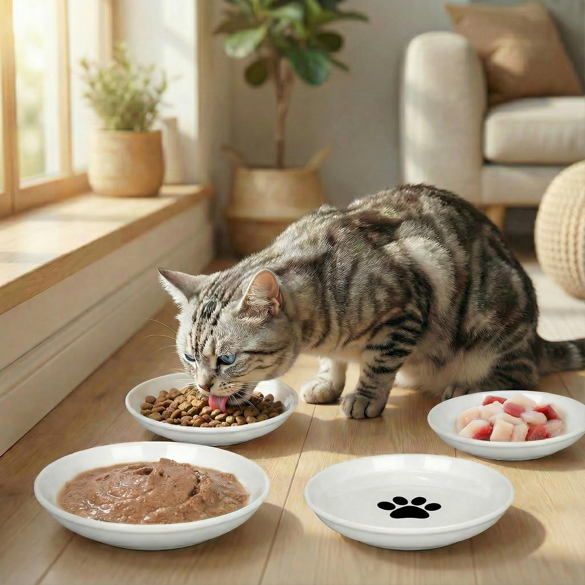 TRUVIC tazones de borde bajo para gatos, minimizan presión facial al comer.