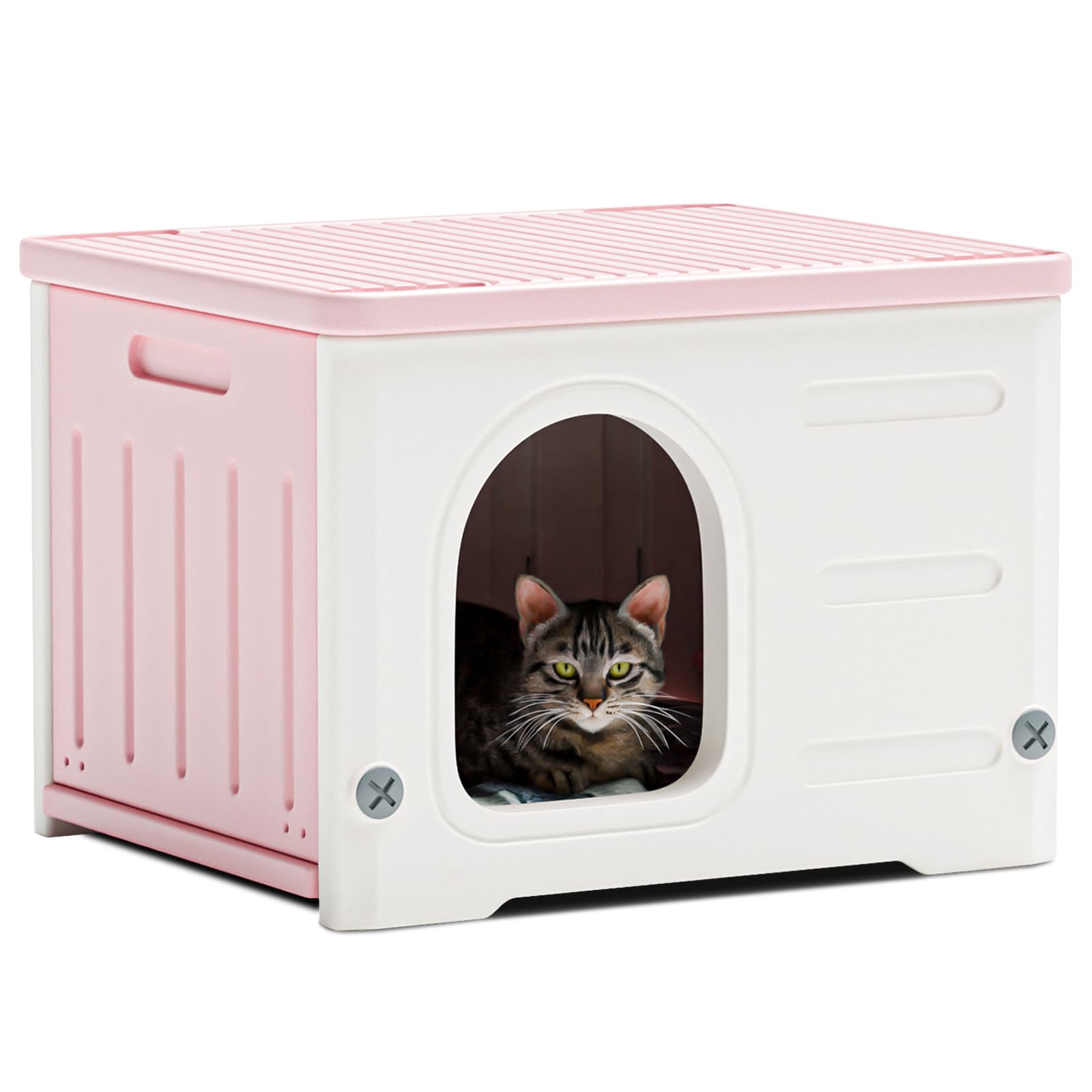 TSEHOOHOO casa para gatos, vista exterior rosa, refugio al aire libre.